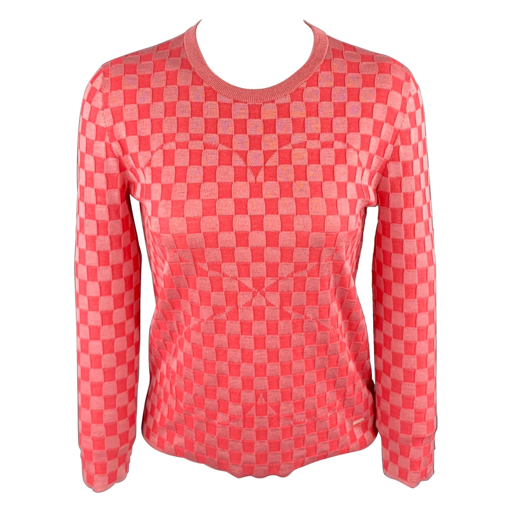 AKRIS Size 2 Pink Checkered Silk Blend Crew-Neck Pullover