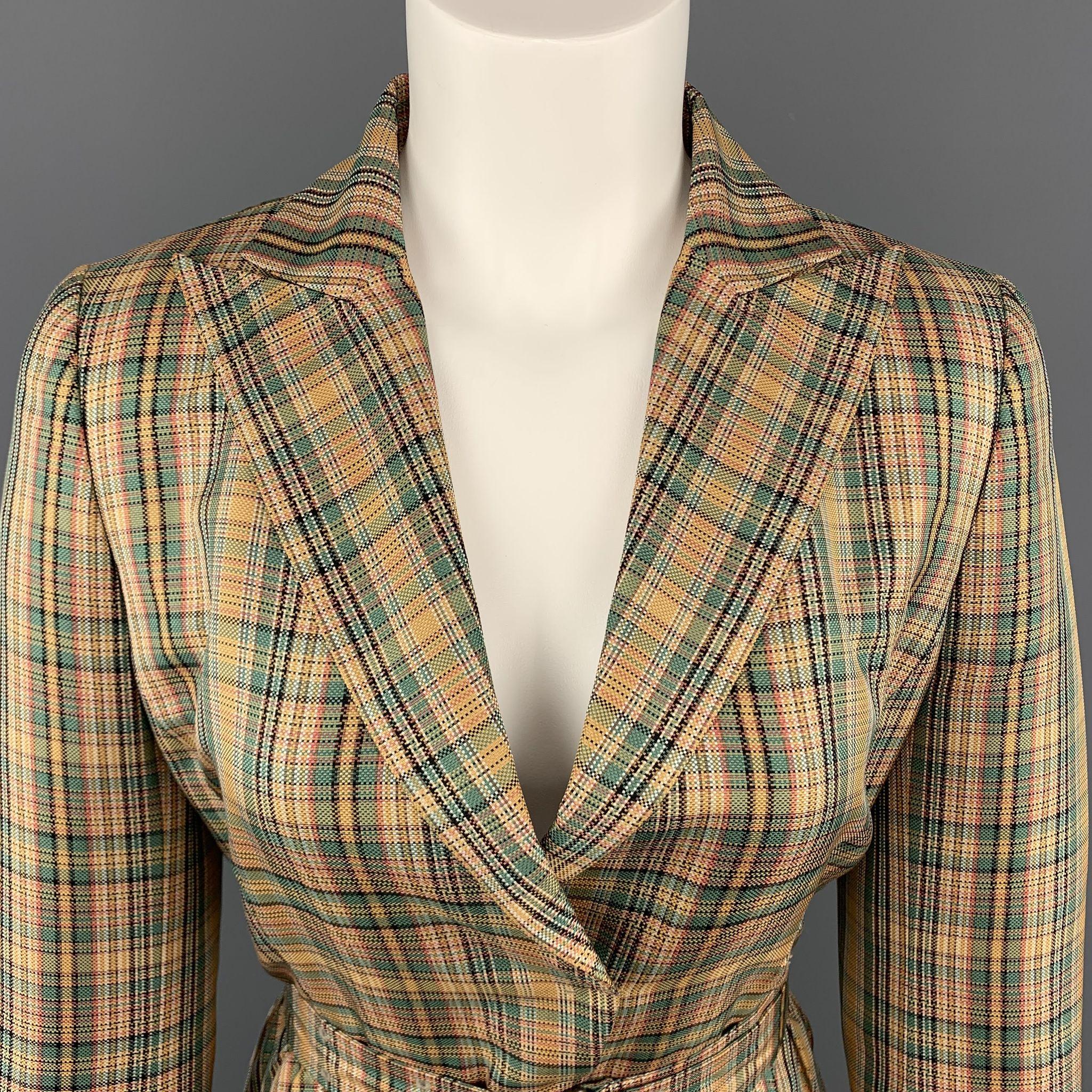 Marrone AKRIS - Blazer con cintura in seta a quadri verde e oro taglia 8