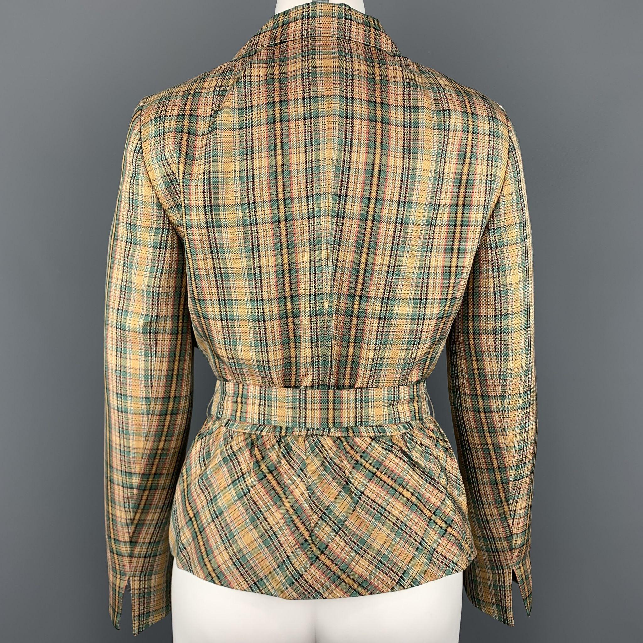 AKRIS - Blazer con cintura in seta a quadri verde e oro taglia 8 In condizioni ottime a San Francisco, CA