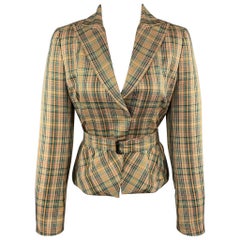 AKRIS - Blazer con cintura in seta a quadri verde e oro taglia 8