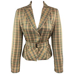 AKRIS Size 8 Gold & Green Plaid Silk Cropped Belted Blazer