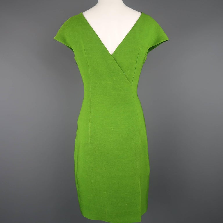 AKRIS Size 8 Green Silk Canvas High Neck Pleated Back Cocktail Dress at