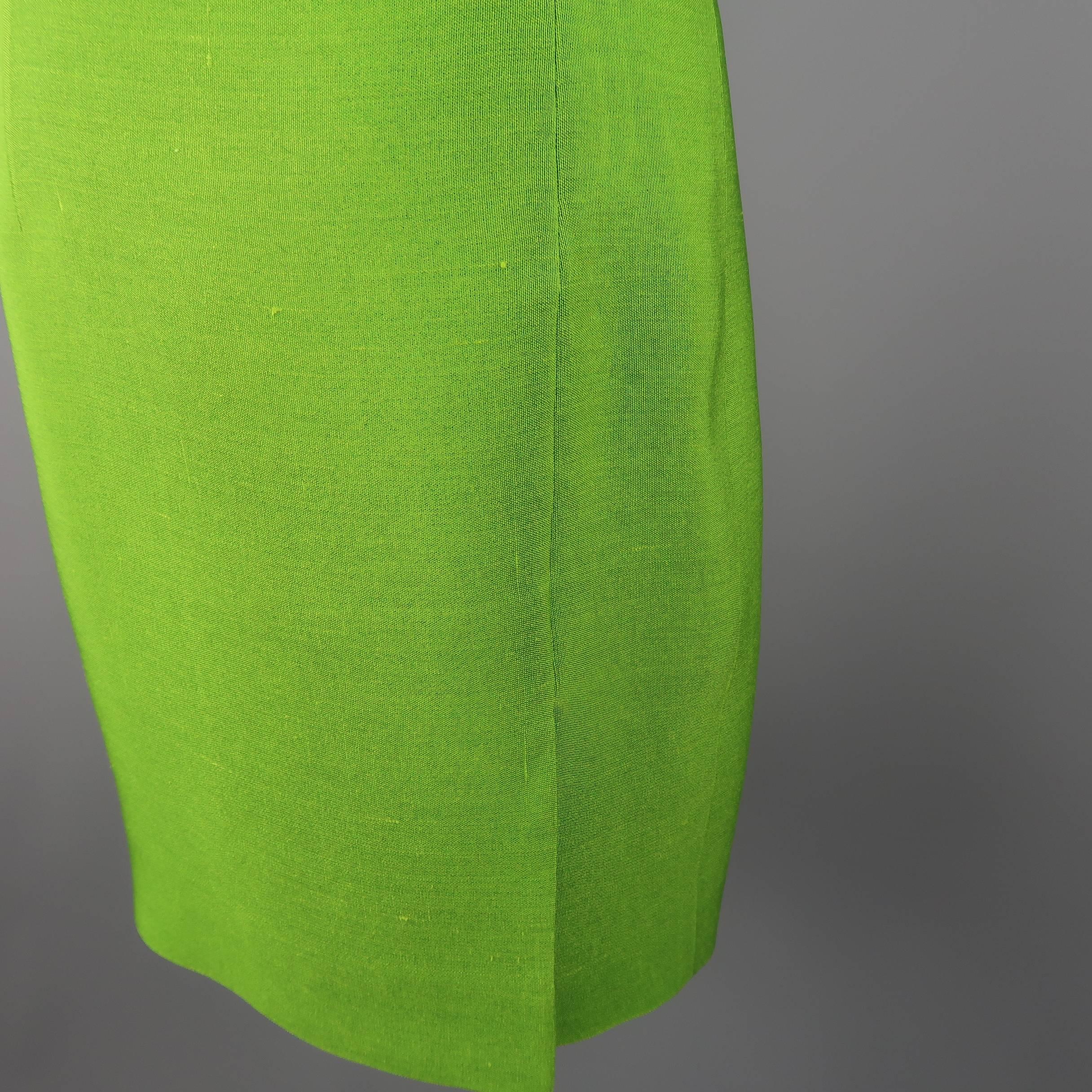 Women's AKRIS Size 8 Green Silk Canvas High Neck Pleated Back Cocktail Dress