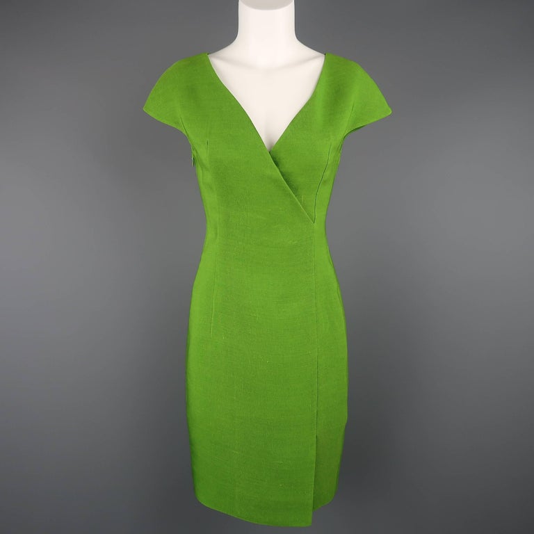AKRIS Size 8 Green Silk Canvas High Neck Pleated Back Cocktail Dress at