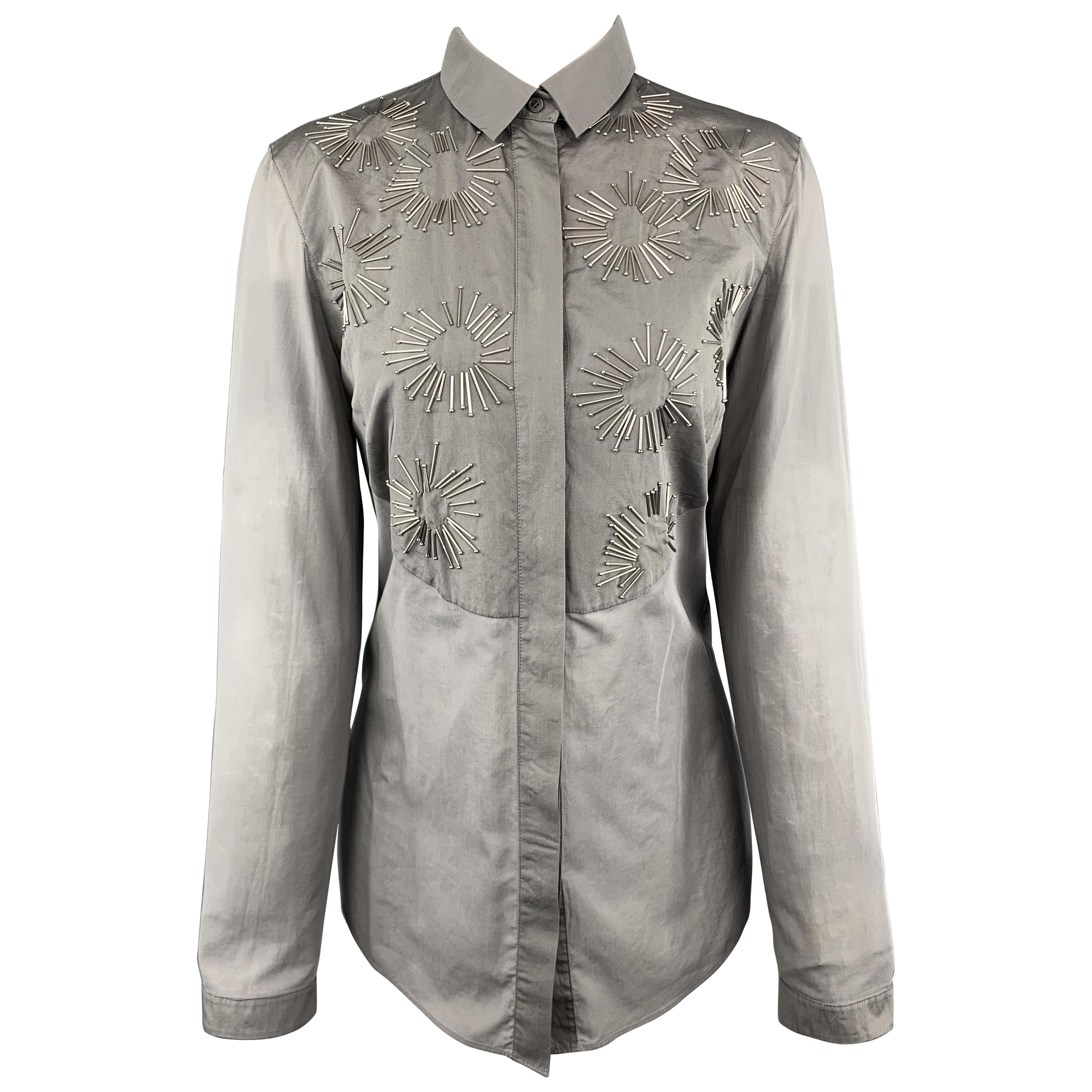 AKRIS Size 8 Grey Sheer Cotton Beaded Bib Blouse For Sale at 1stDibs