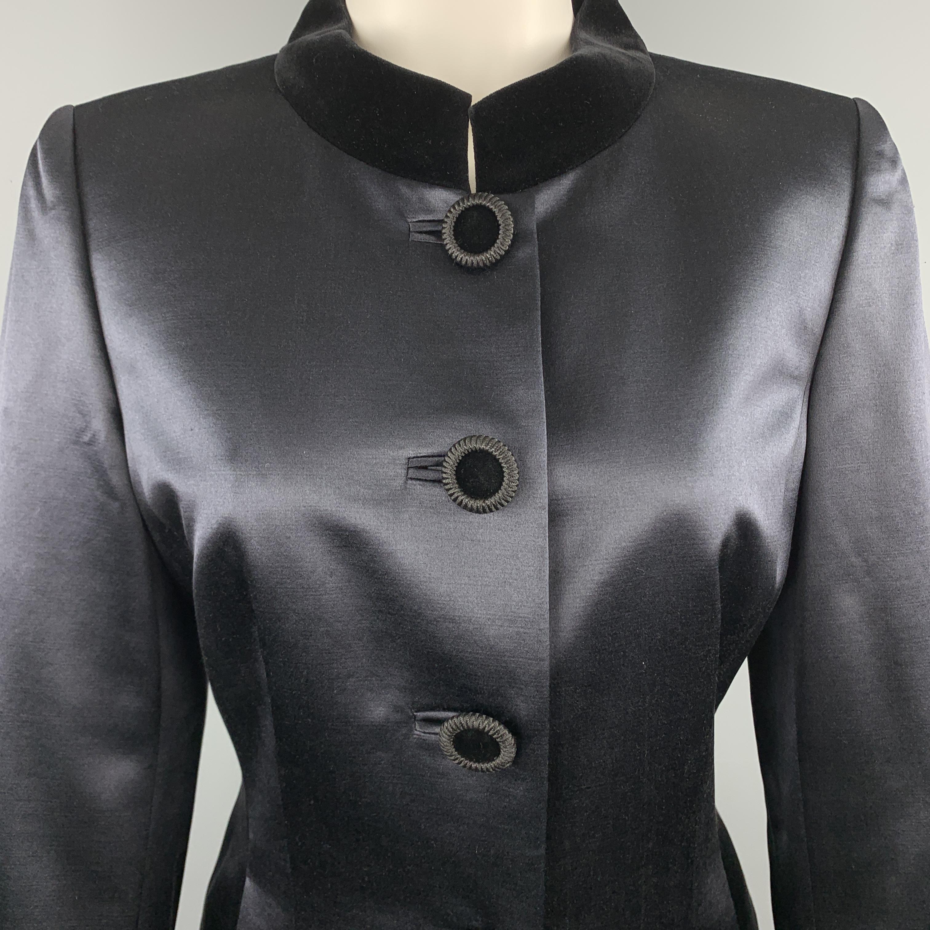 AKRIS Size 8 Navy Wool Satin & Black Velvet Skirt Suit In Good Condition In San Francisco, CA