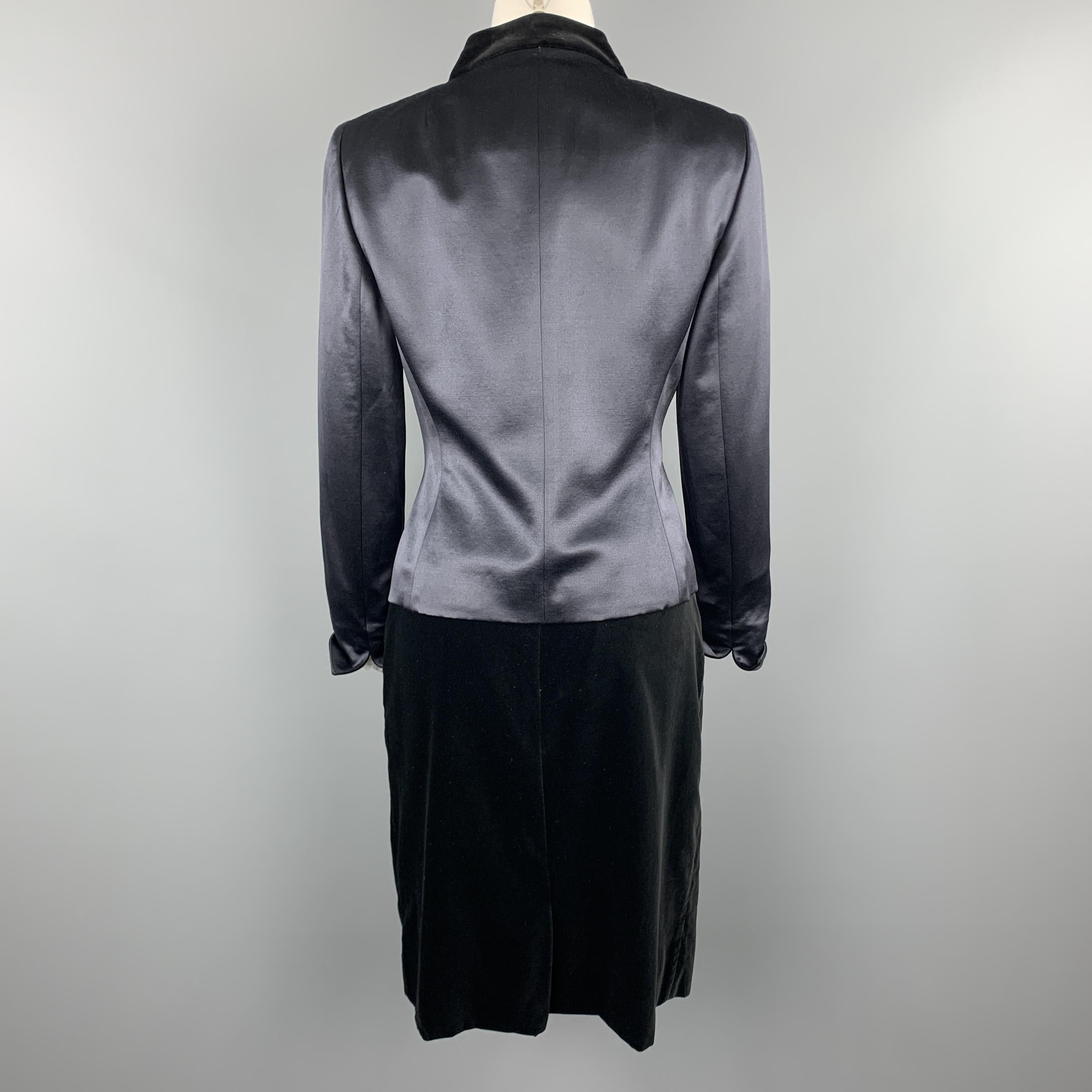 Women's AKRIS Size 8 Navy Wool Satin & Black Velvet Skirt Suit
