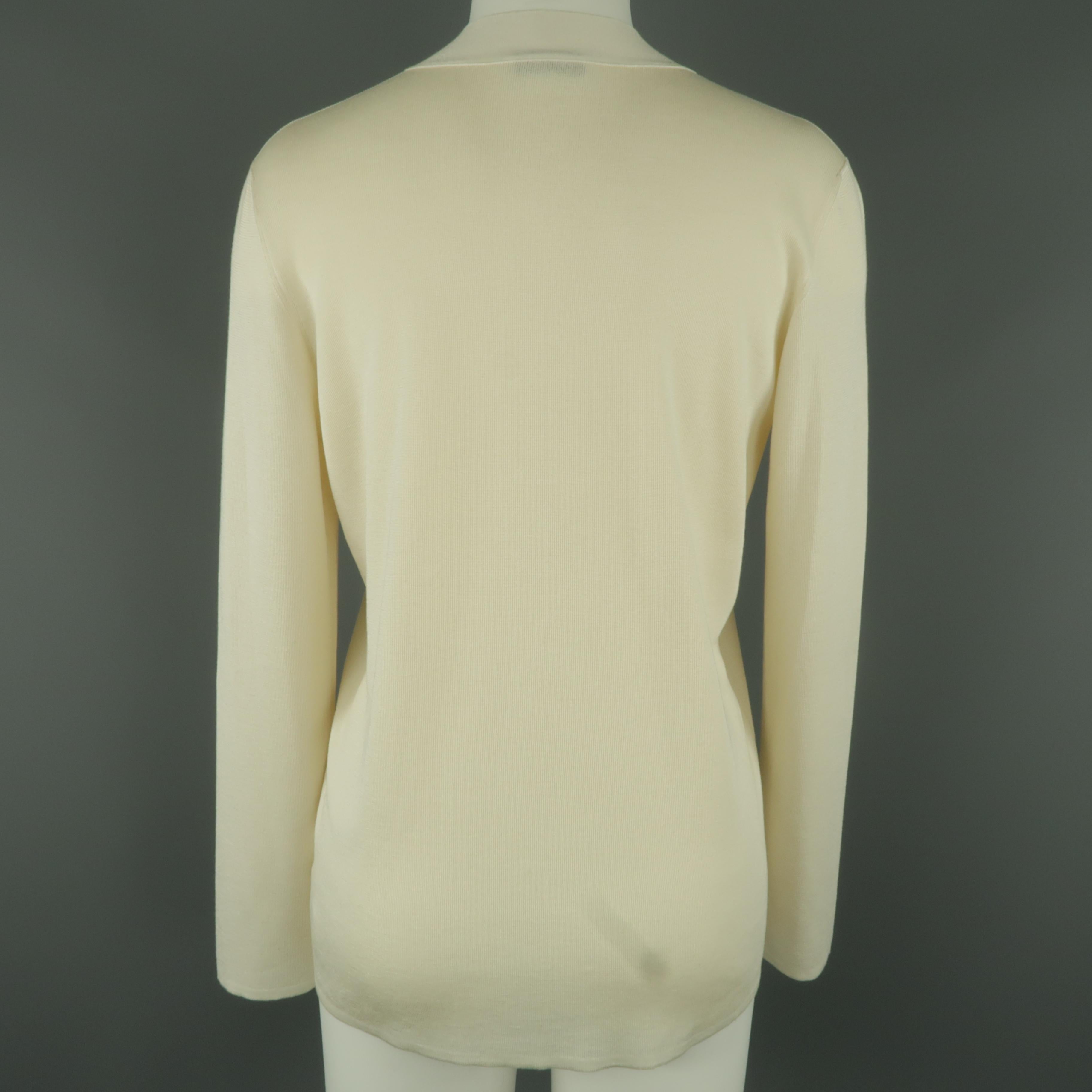 AKRIS Size L Cream Silk Knit V Neck Pullover Sweater In Excellent Condition In San Francisco, CA