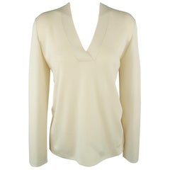 AKRIS Size L Cream Silk Knit V Neck Pullover Sweater
