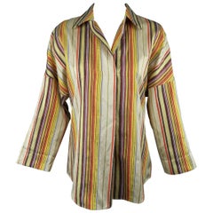 AKRIS Size M Rainbow Striped Textured Silk Collared Tunic Blouse