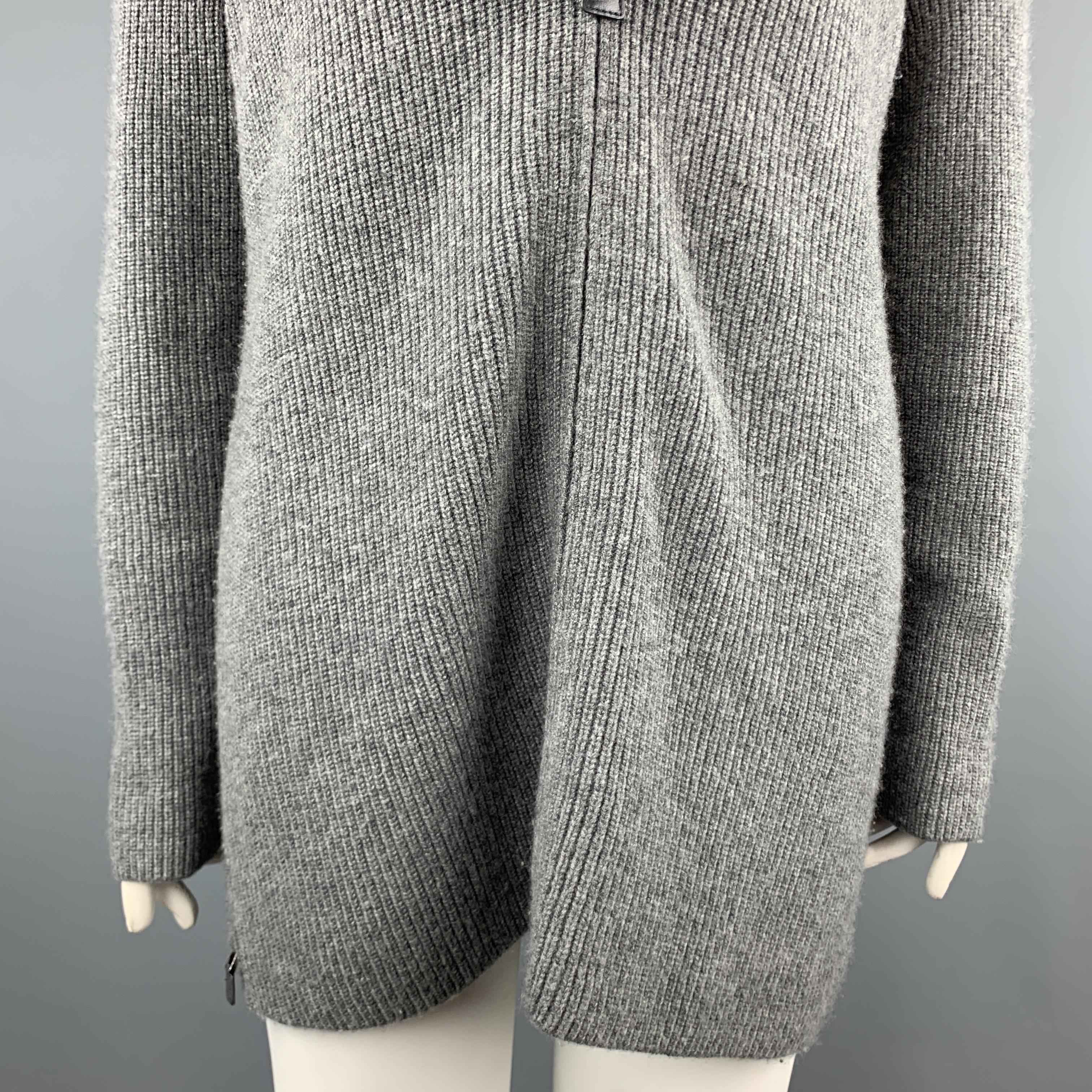 Gray AKRIS Size XL Grey STretch Cashmere Chunky Oversized V Neck Zip Knot Sweater