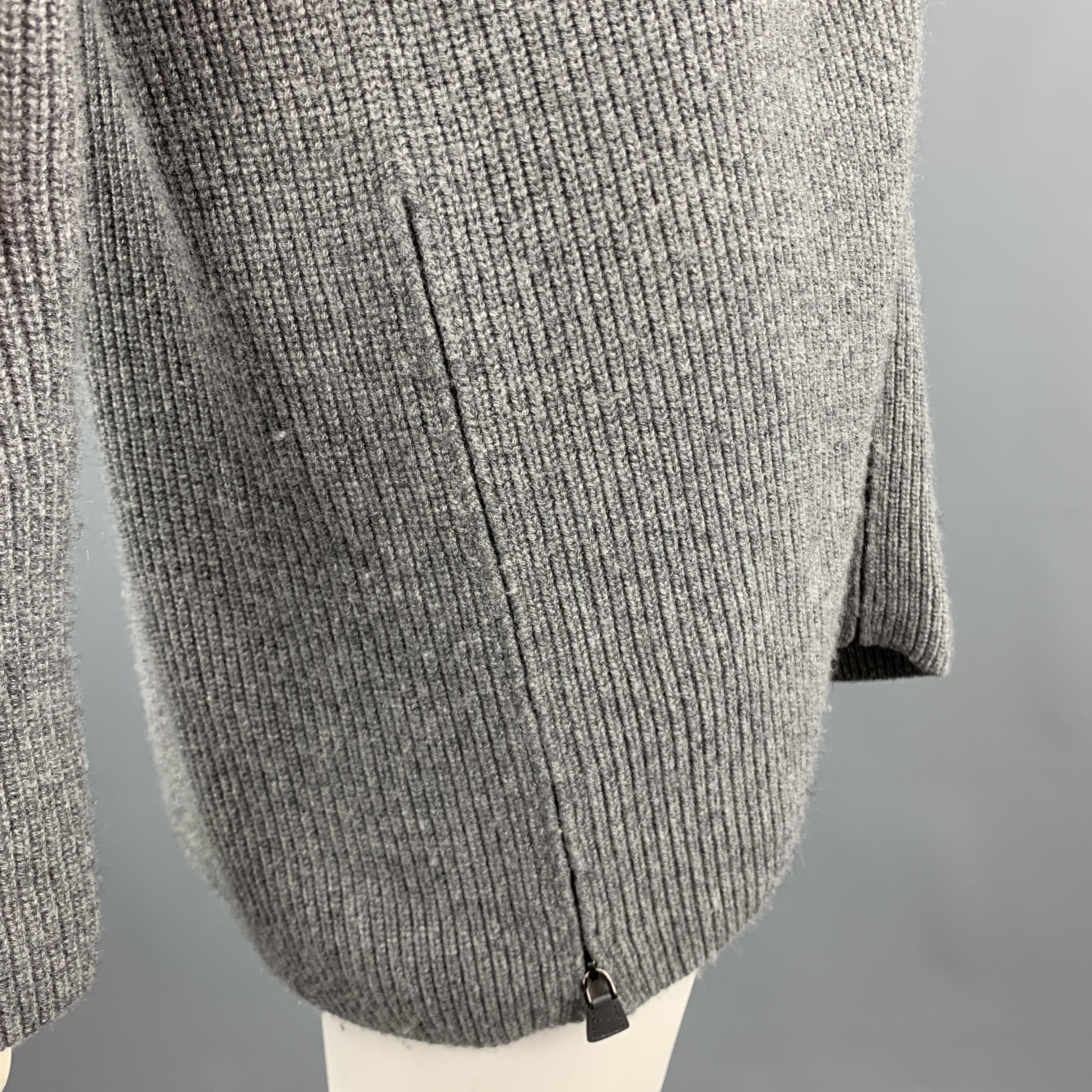 Women's AKRIS Size XL Grey STretch Cashmere Chunky Oversized V Neck Zip Knot Sweater