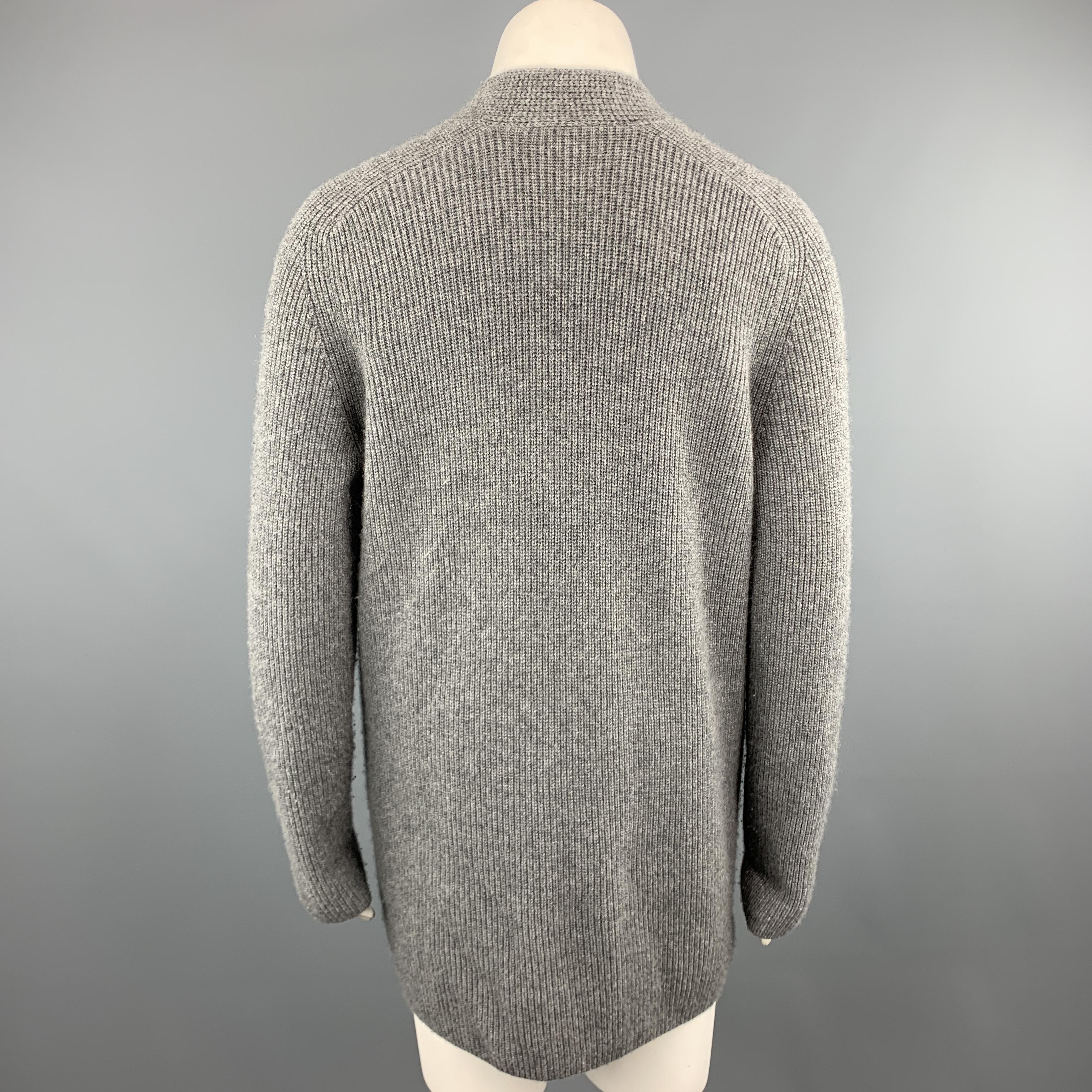 AKRIS Size XL Grey STretch Cashmere Chunky Oversized V Neck Zip Knot Sweater 1