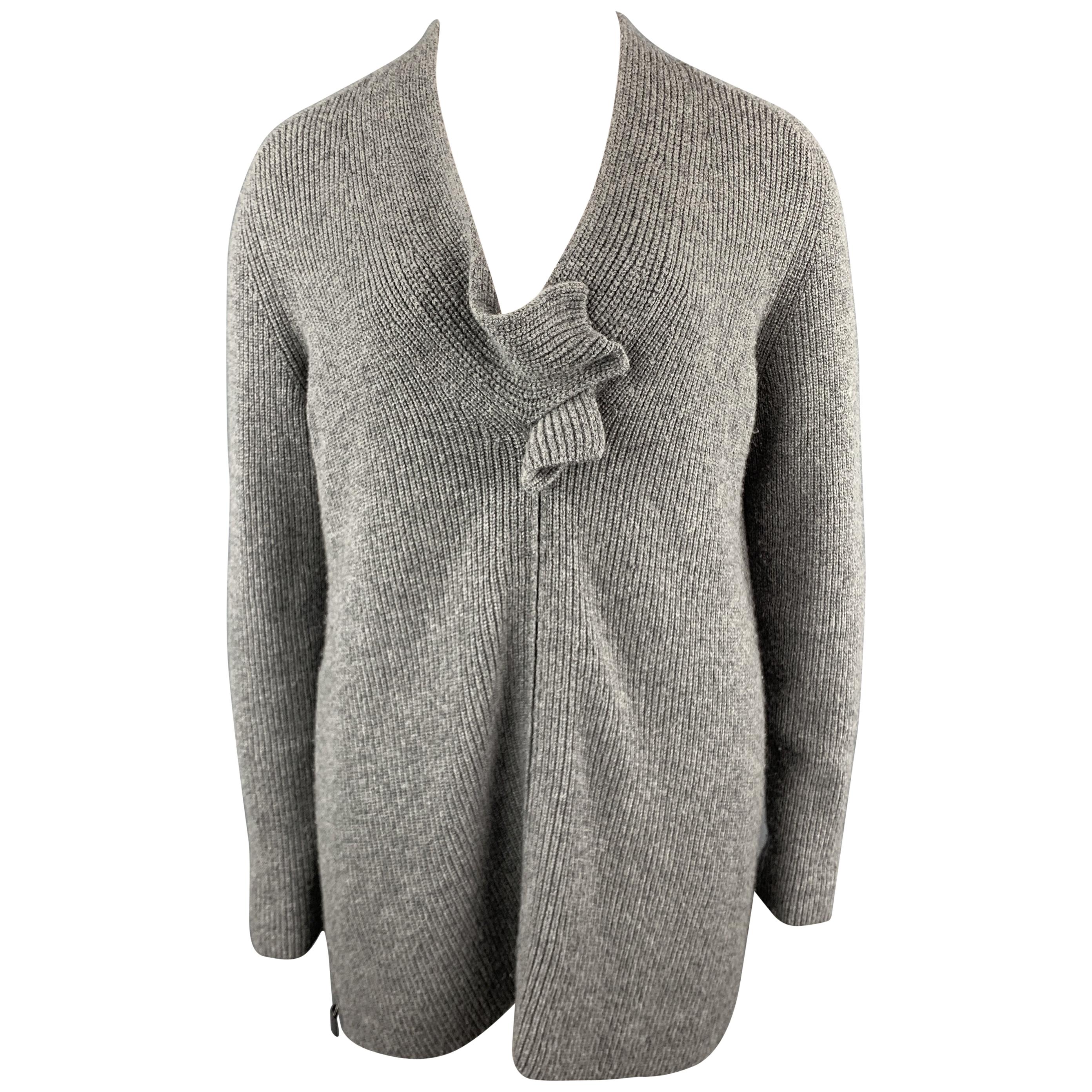 AKRIS Size XL Grey STretch Cashmere Chunky Oversized V Neck Zip Knot Sweater