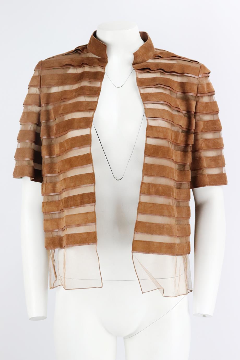 Akris suede and mesh jacket. Brown. Short sleeve, crewneck. Slips on. 100% Suede; lining: 100% silk. Size: US 10 (UK 14, FR 42, IT 46). Bust: 40 in. Waist: 40 in. Hips: 42 in. Length: 23 in
