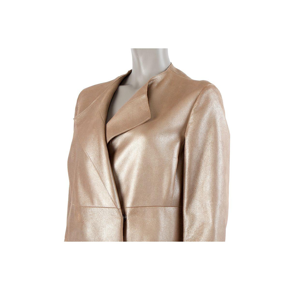 Brown AKRIS taupe leather METALLIC 3/4 Sleeve Coat Jacket 38 M For Sale