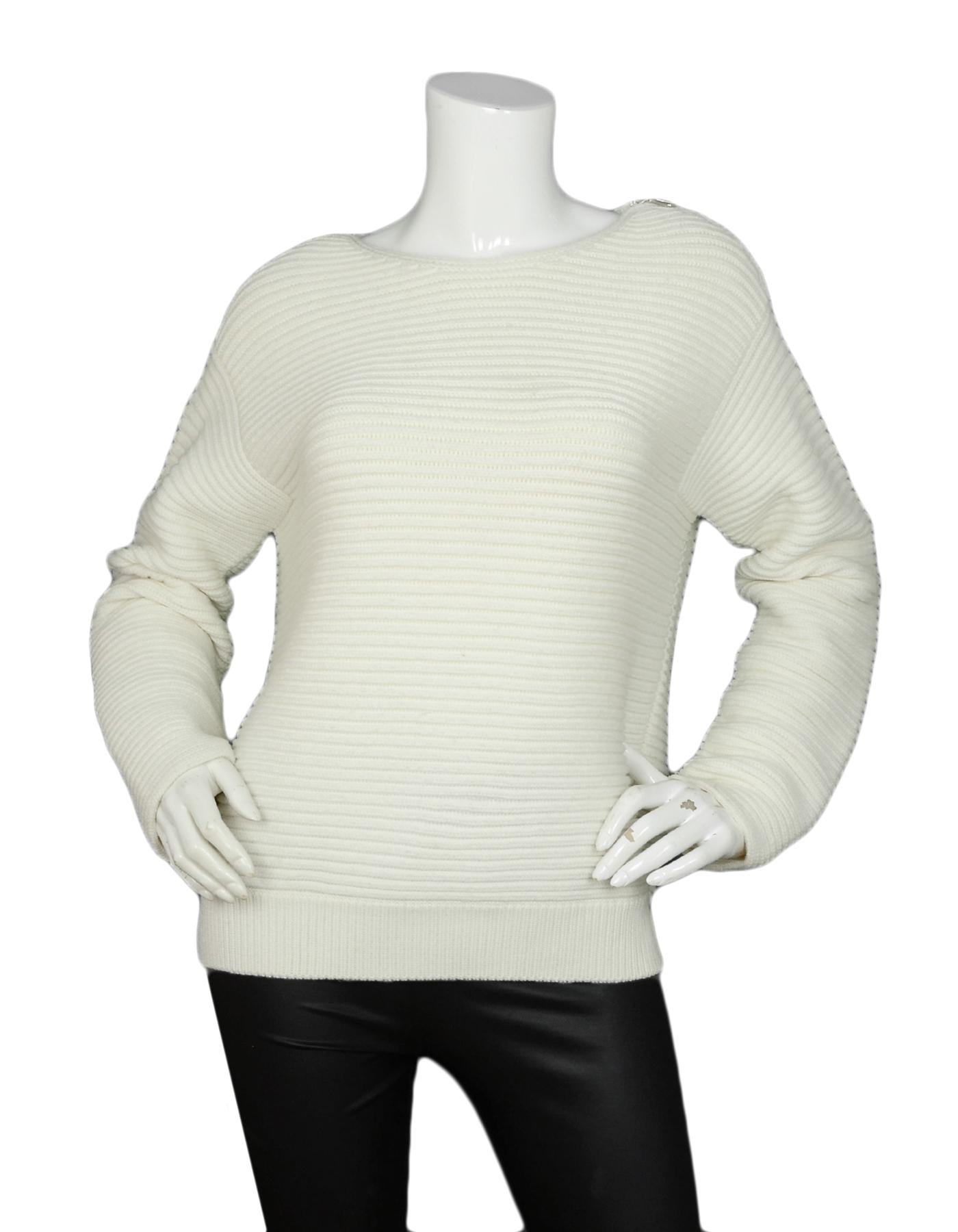 Akris White Wool Ribbed Sweater with Shoulder Zipper sz L

Made In: China; yarn origin Italy. 
Color: White
Materials: 100% Wool
Lining: 100% Wool
Opening/Closure: Slip on
Overall Condition: Excellent pre-owned condition

Tag Size: Large *Please