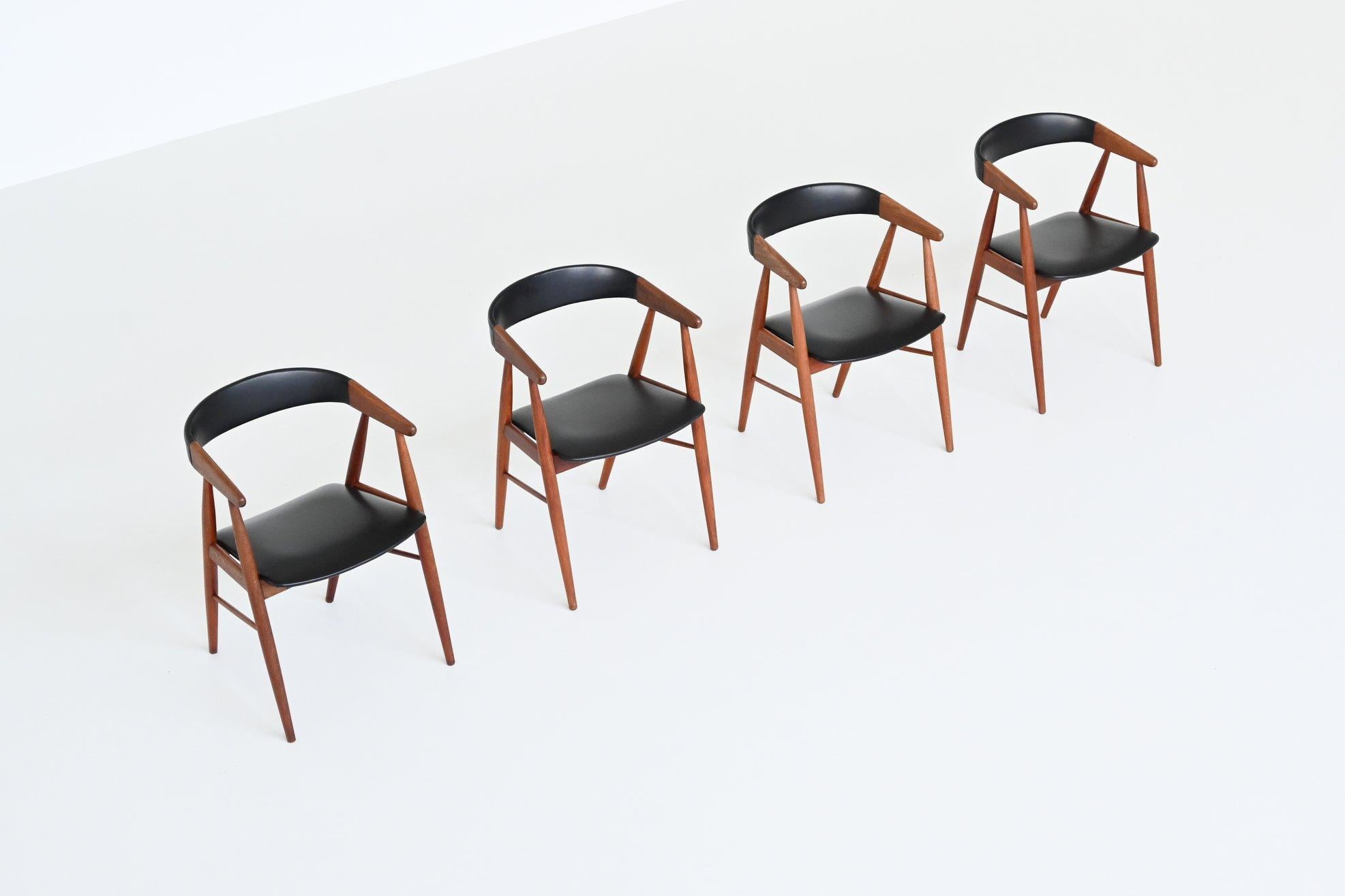 Very nice set of four dining chairs designed by duo Aksel Bender Madsen and Ejnar Larsen for Norden Mobelfabrik Denmark 1960. These well-crafted chairs are made of solid teak and the seats are covered with original black faux leather. Every bit of