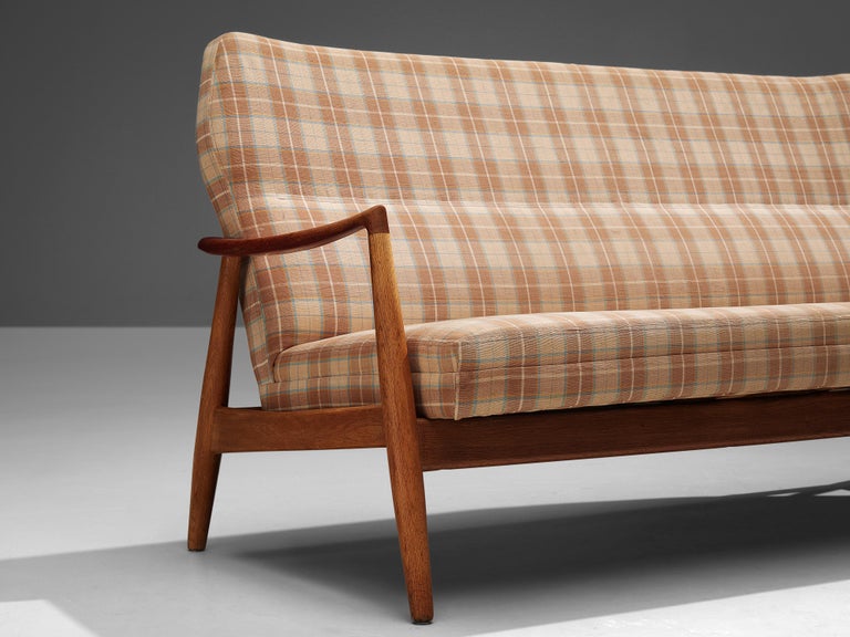 Scandinavian Modern Aksel Bender Madsen Sofa in Checkered Fabric, Oak and Teak For Sale