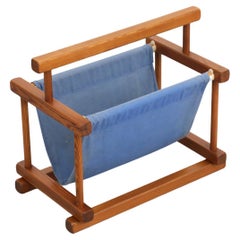 Aksel Kjersgaard Style Pine Magazine Rack with Blue Canvas Sling, 1970s