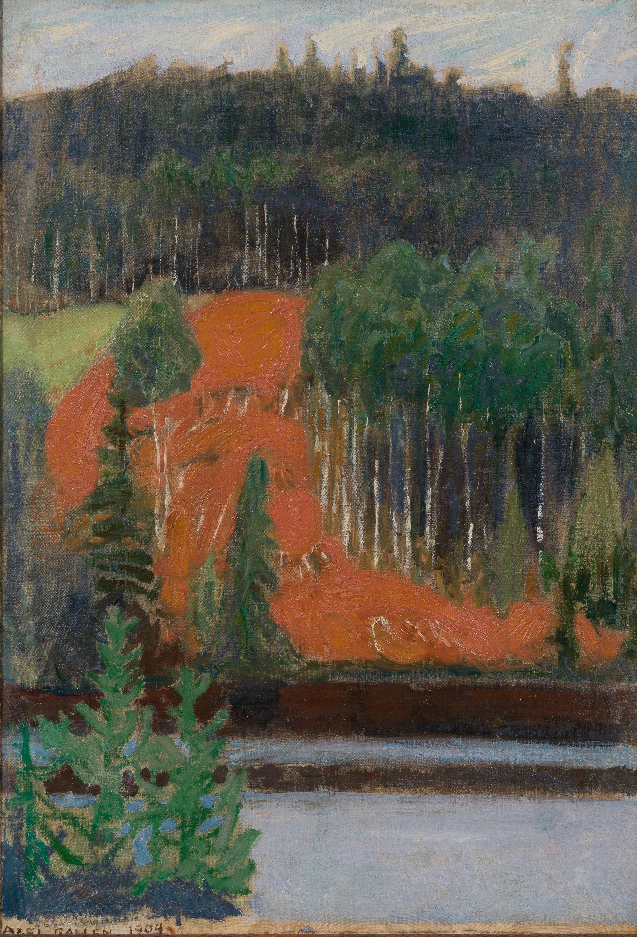 Akseli Gallen-Kallela Figurative Painting – Blick auf einen Berghang über ein Gewässer; Blick vom Keitele oder Ruovesi