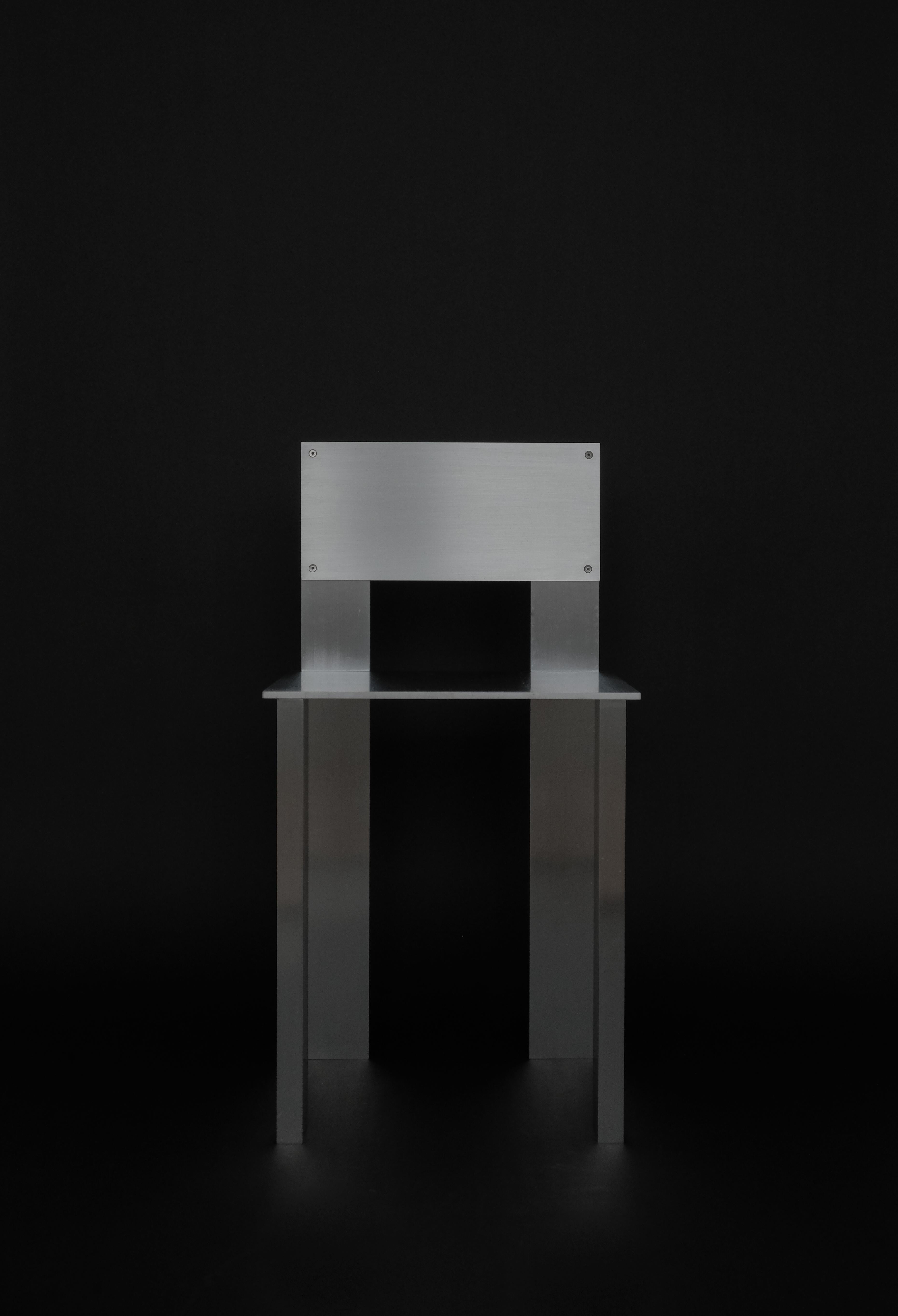 AL-04 Stout Chair by Orlando Pippig
Dimensions: W 36 x D 41 x H 69 cm (Dimensions may vary slightly)
Materials: Aluminum

Part of the ongoing research and development into aluminum furniture, AL-04 is a stout chair that embodies the core principles