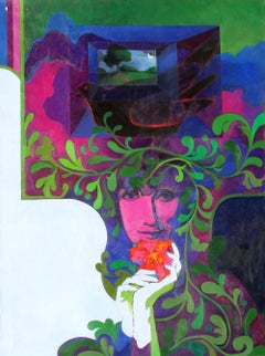 Woman with Flower and Bird, Psychedelic Oil Painting by Al Amatulli
