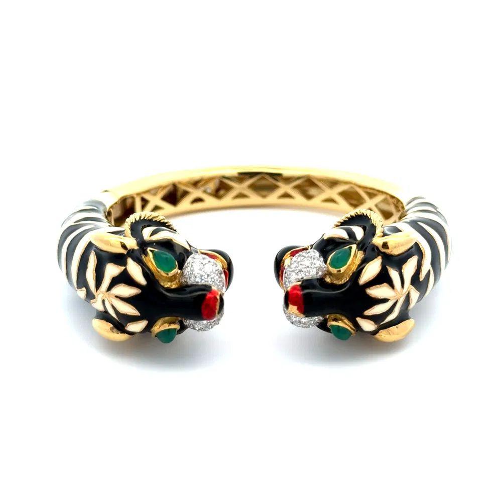 Bracciale Al Angiolino & Zogno con smalto, tigre e diamanti, con cerniera in oro In condizioni ottime in vendita a Montreal, QC