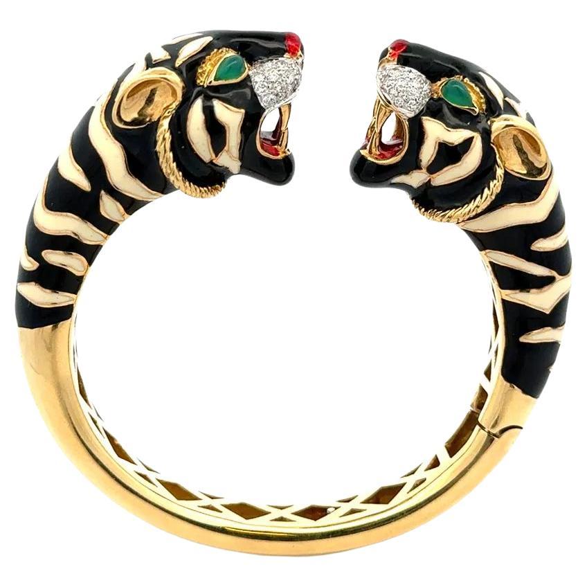 Bracciale Al Angiolino & Zogno con smalto, tigre e diamanti, con cerniera in oro