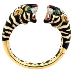 Al Angiolino & Zogno Enamel Tiger Diamond Hinged Gold Statement Cuff Bracelet