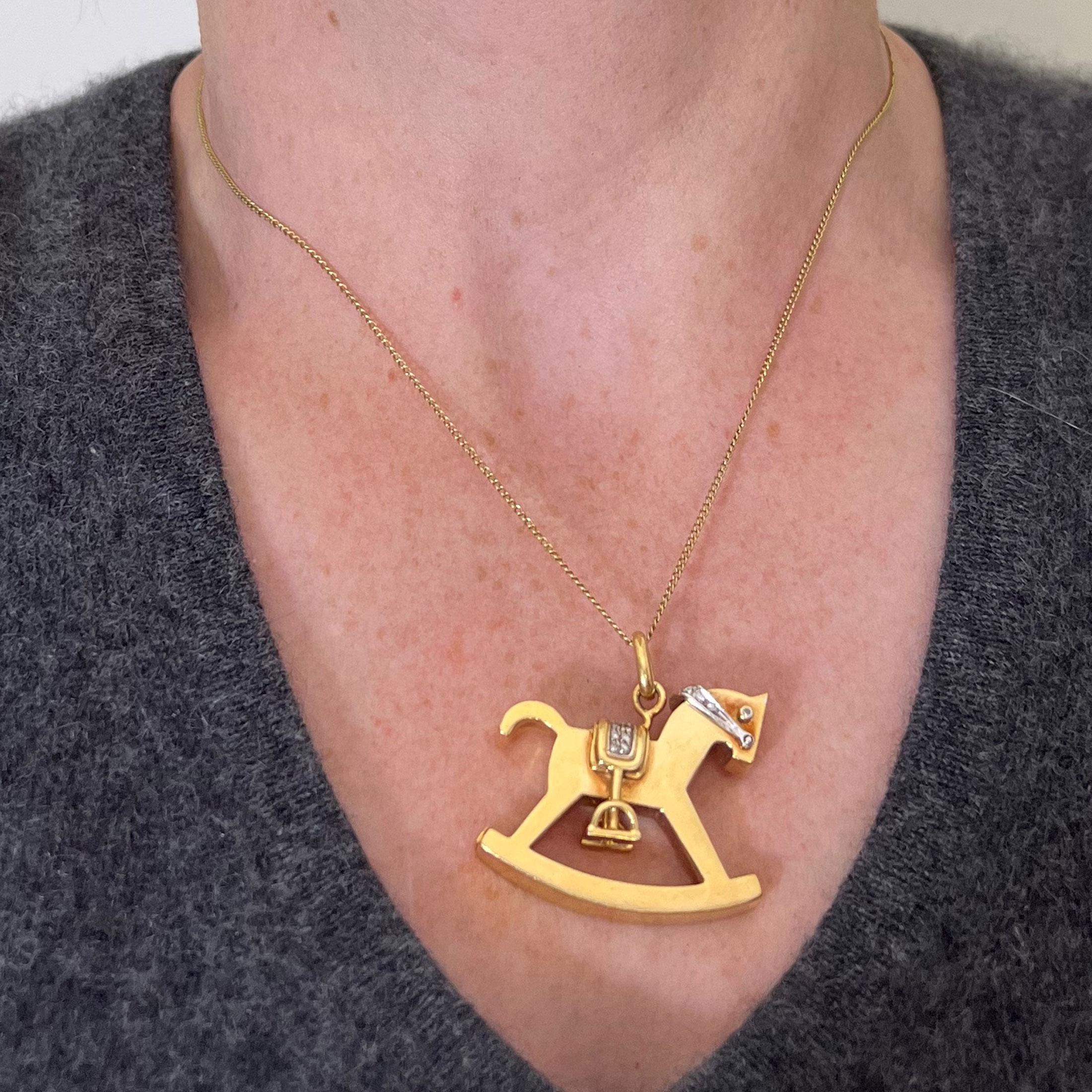 Al Angiolino & Zogno Large Rocking Horse 18K Yellow White Gold Diamond Pendant For Sale 1