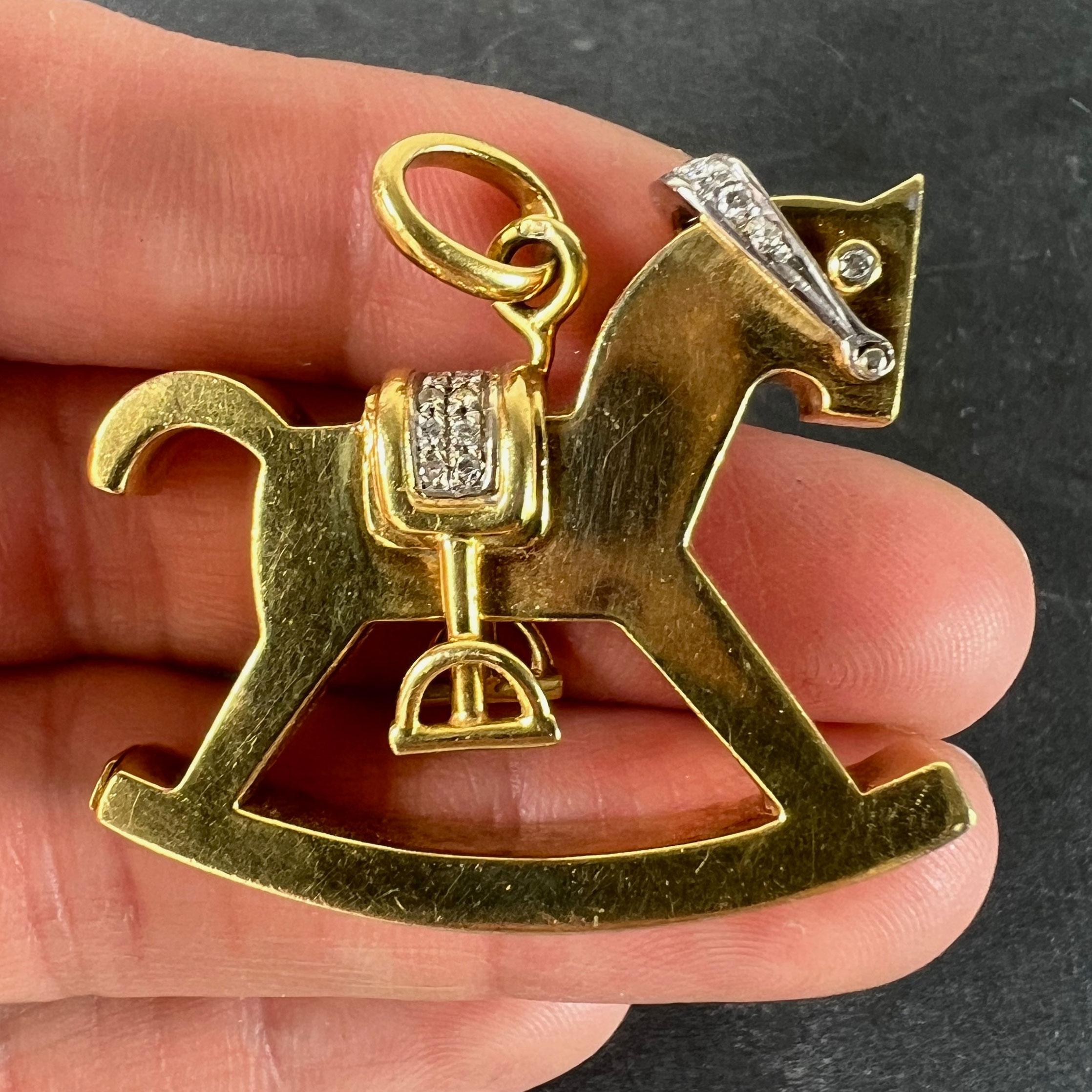 Al Angiolino & Zogno Large Rocking Horse 18K Yellow White Gold Diamond Pendant For Sale 2
