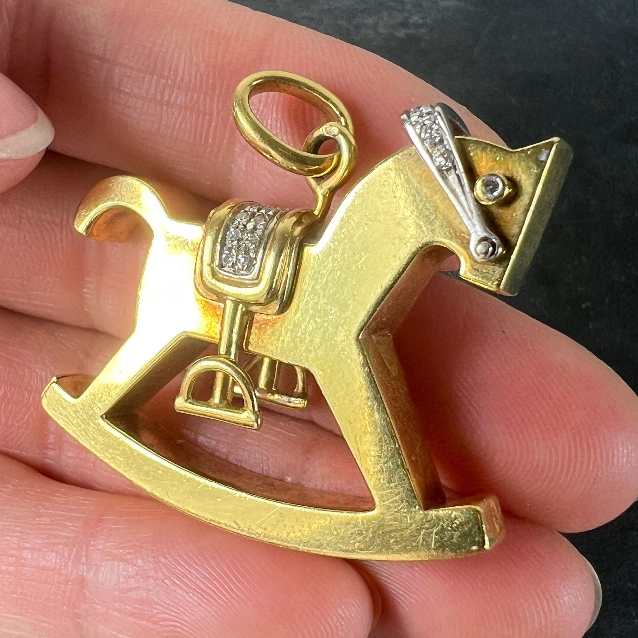 Al Angiolino & Zogno Large Rocking Horse 18K Yellow White Gold Diamond Pendant For Sale 3