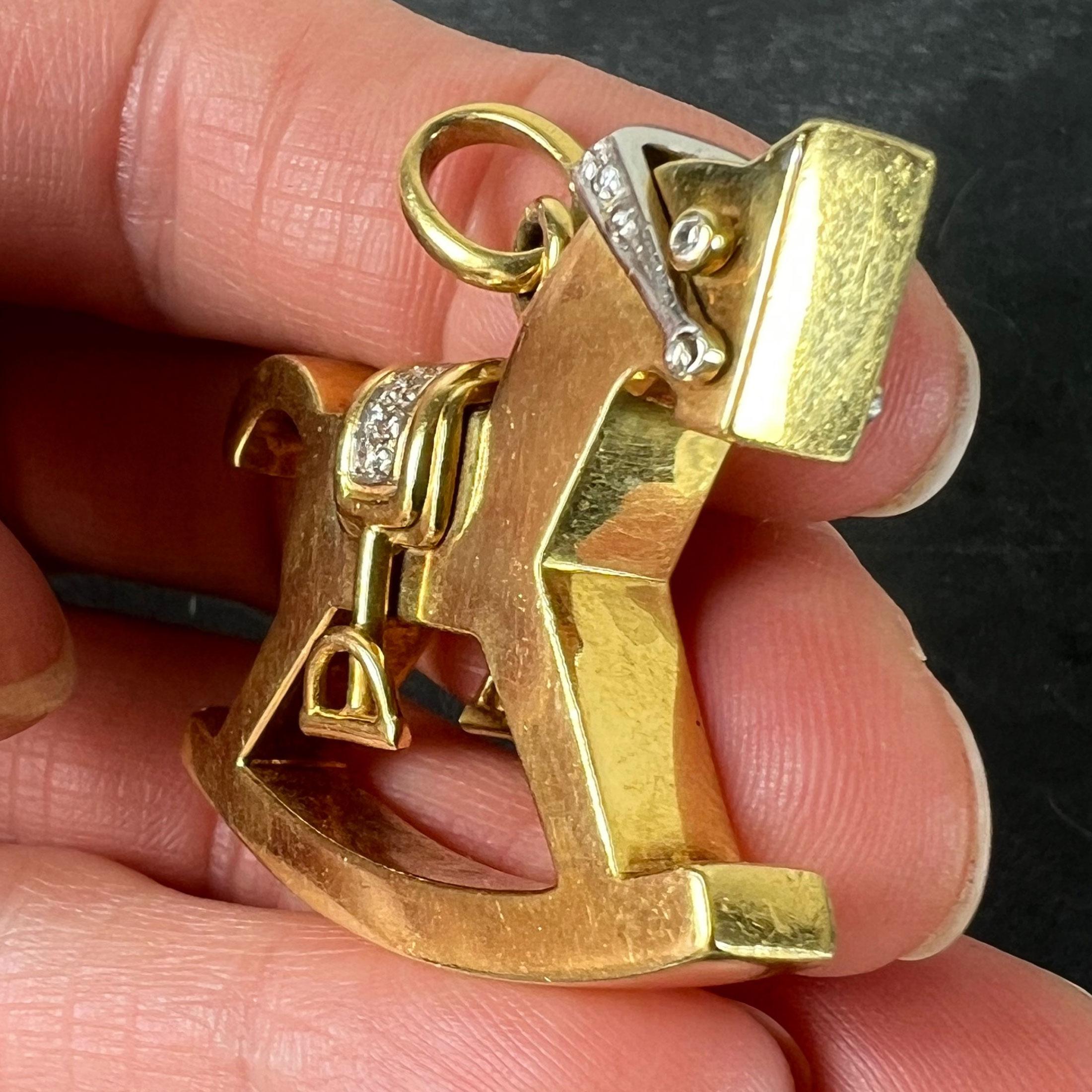 Al Angiolino & Zogno Large Rocking Horse 18K Yellow White Gold Diamond Pendant For Sale 4