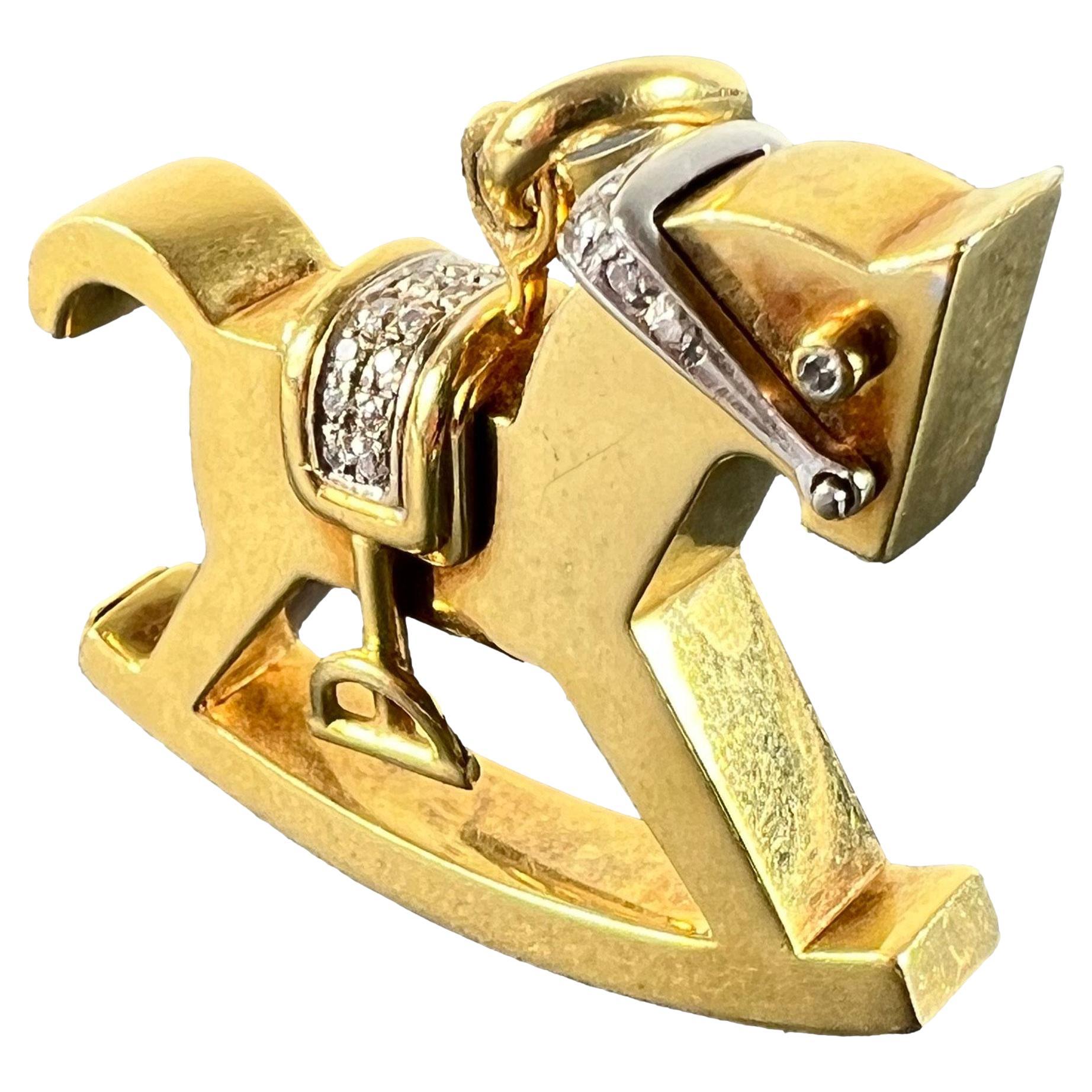 Al Angiolino & Zogno Large Rocking Horse 18K Yellow White Gold Diamond Pendant For Sale