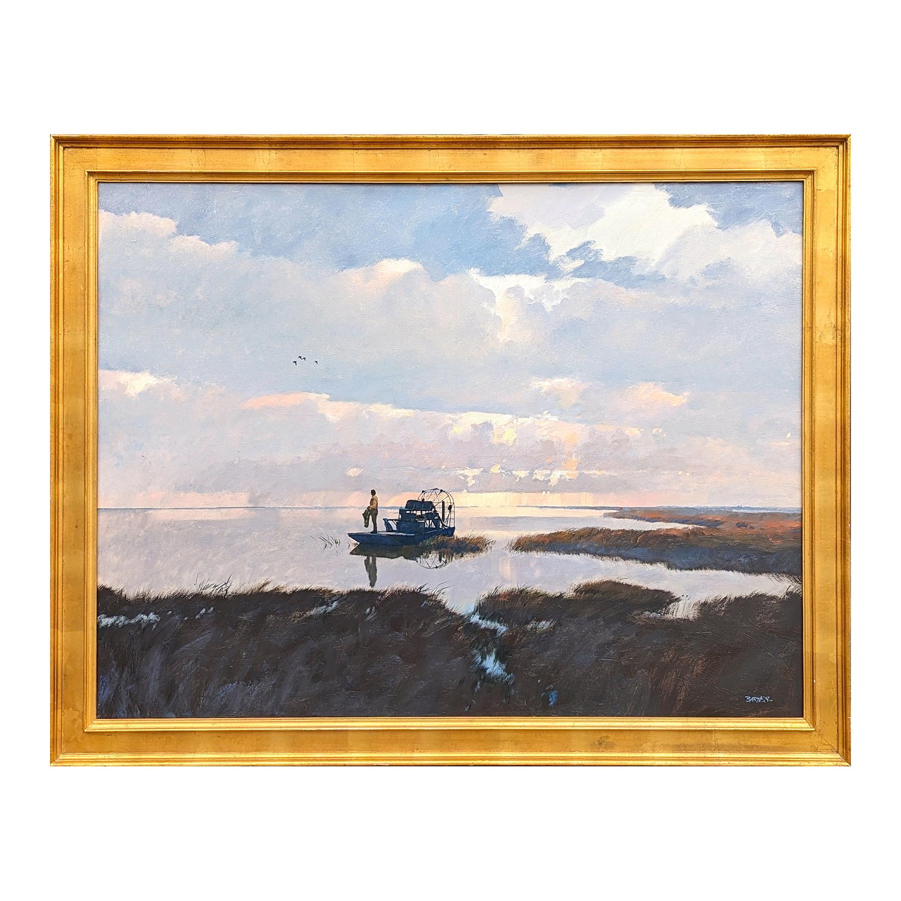 Naturalistic sporting landscape painting by Texas artist Al Barnes. The work features a central male figure on an airboat with his dog set against a quiet coastal Texas landscape. Signed in the front lower right corner. Currently hung in a gold leaf