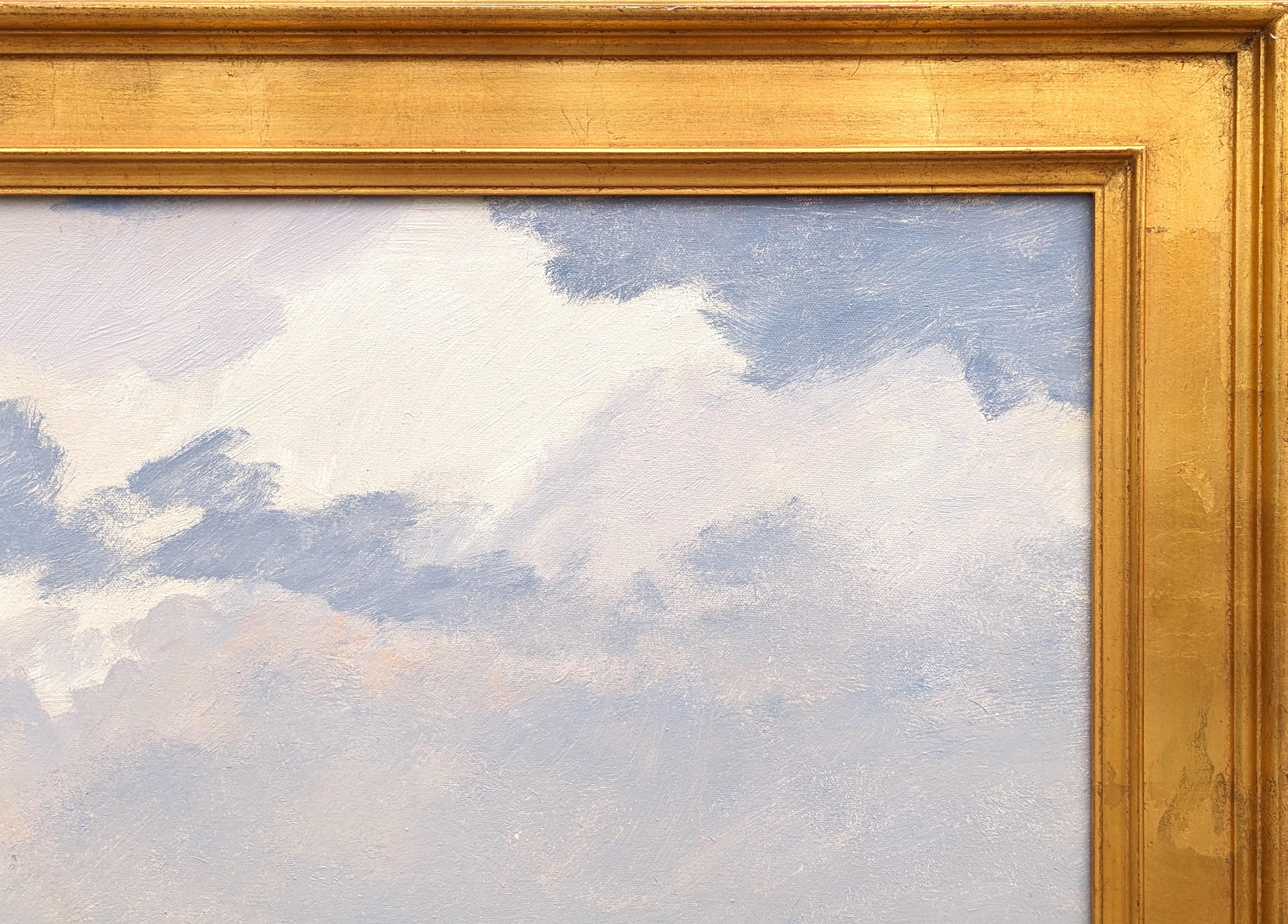 Naturalistische sportliche Landschaftsmalerei des texanischen Künstlers Al Barnes. Das Werk zeigt eine zentrale männliche Figur auf einem Luftkissenboot mit seinem Hund vor einer ruhigen texanischen Küstenlandschaft. Signiert in der rechten unteren