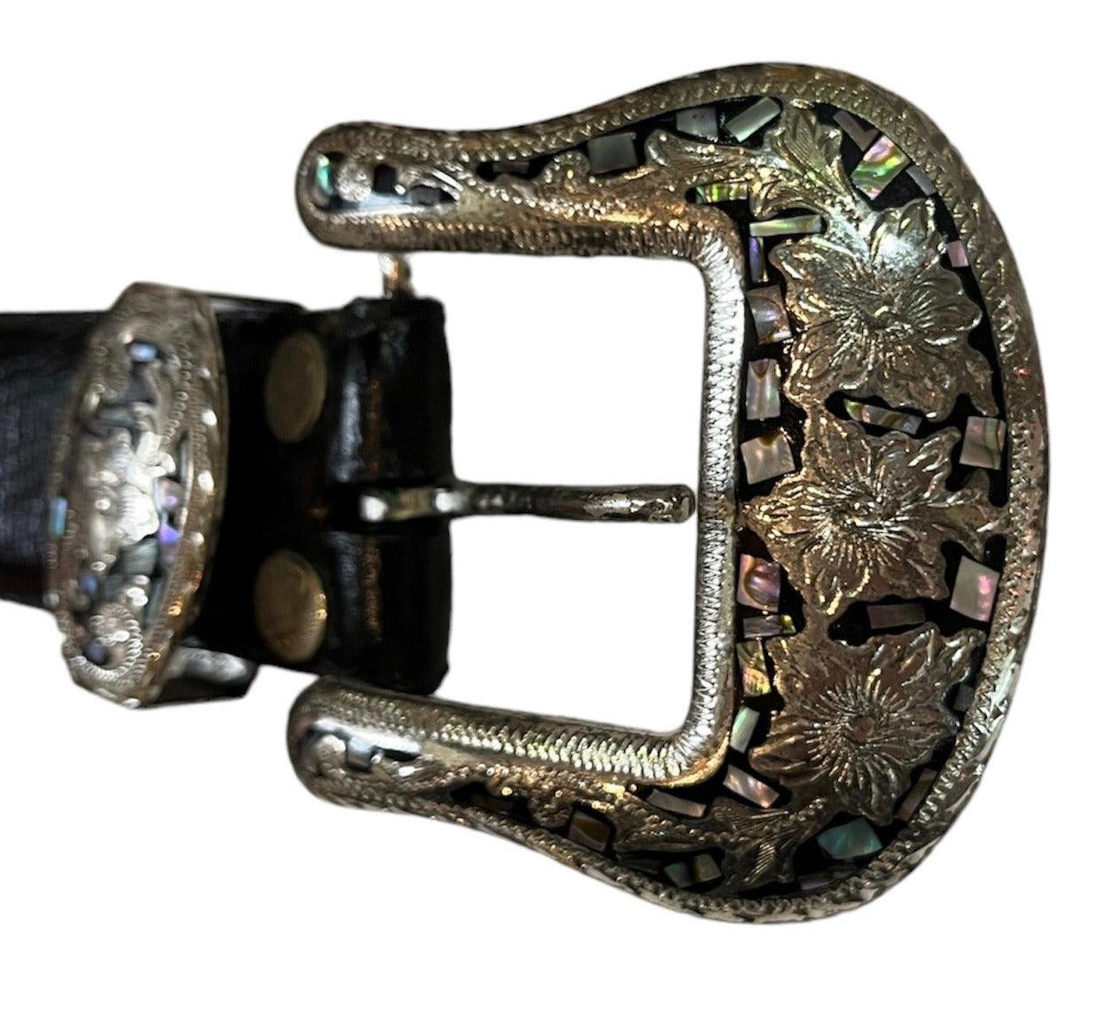 Al Beres Black Reptile Western Belt with Abalone Buckle, 1980s In Good Condition For Sale In Los Angeles, CA