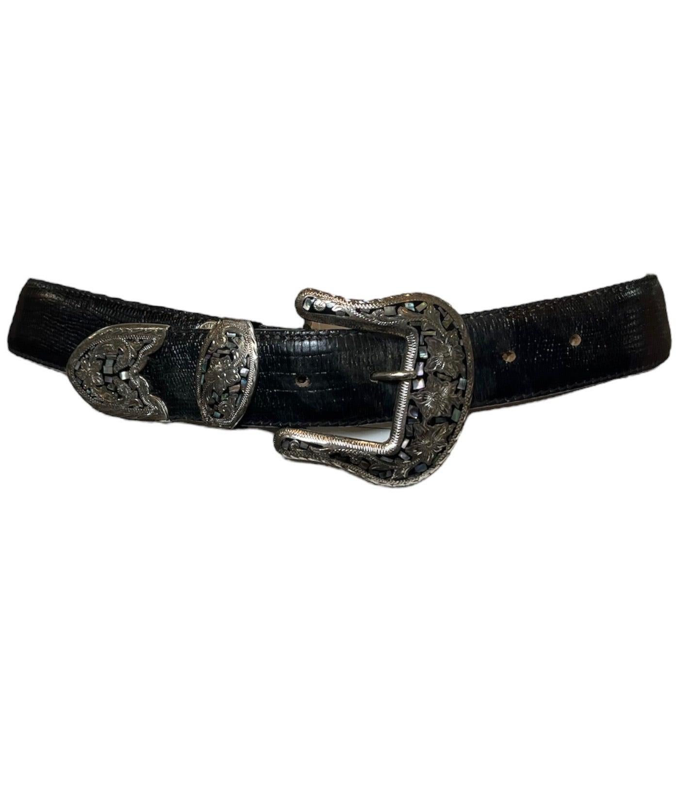 Al Beres Black Reptile Western Belt with Abalone Buckle, 1980s For Sale