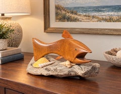 Al Boucher Carved Wood Trout Sculpture on Driftwood Base with Seashells