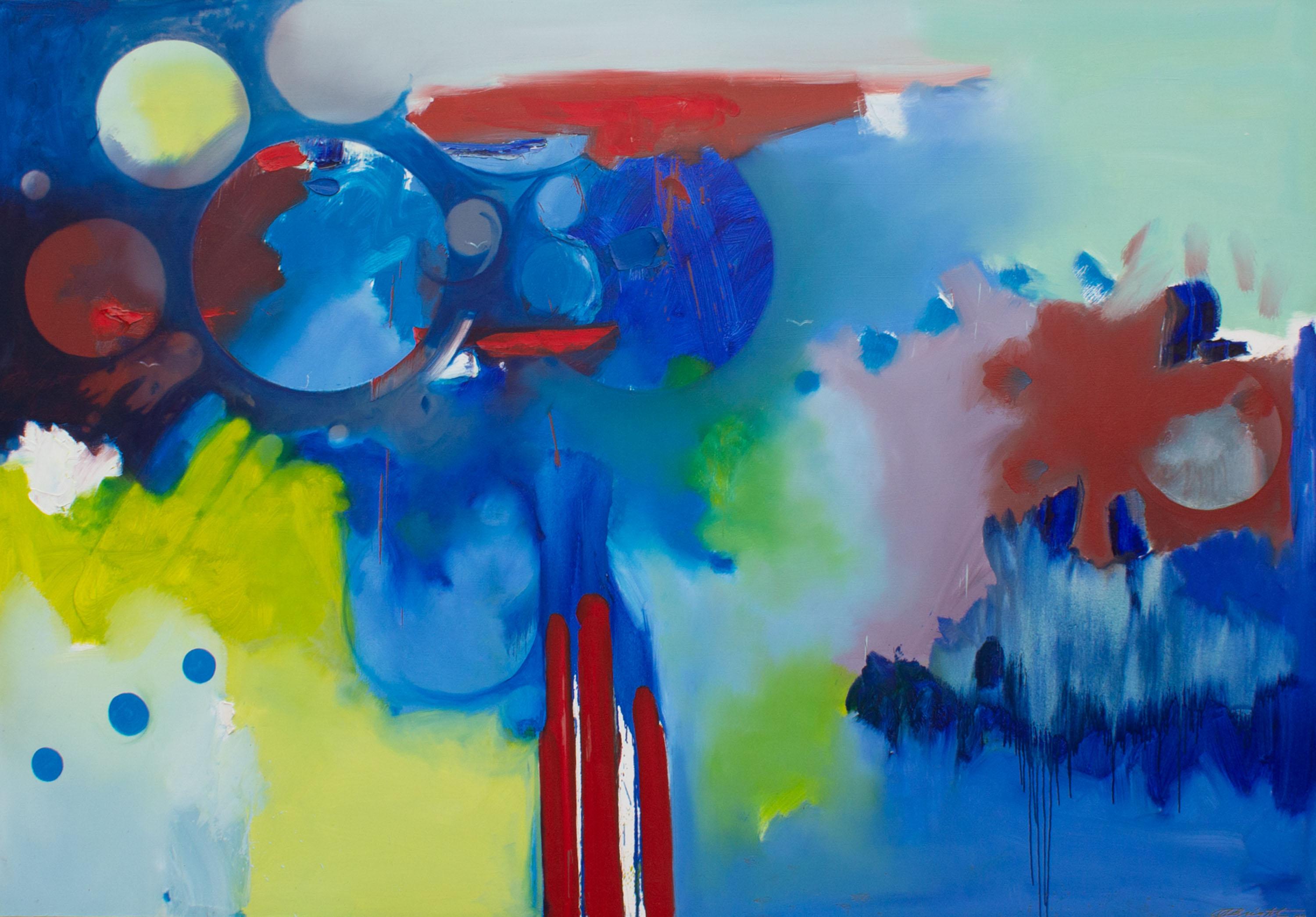 Une grande peinture à l'huile sur toile de l'artiste américain Al Bright (1940-2019). Intitulée Forcefield Blues, cette œuvre monumentale utilise des bleus vibrants ponctués de rouge et de jaune-vert vif. Des motifs en cercle flottent parmi les