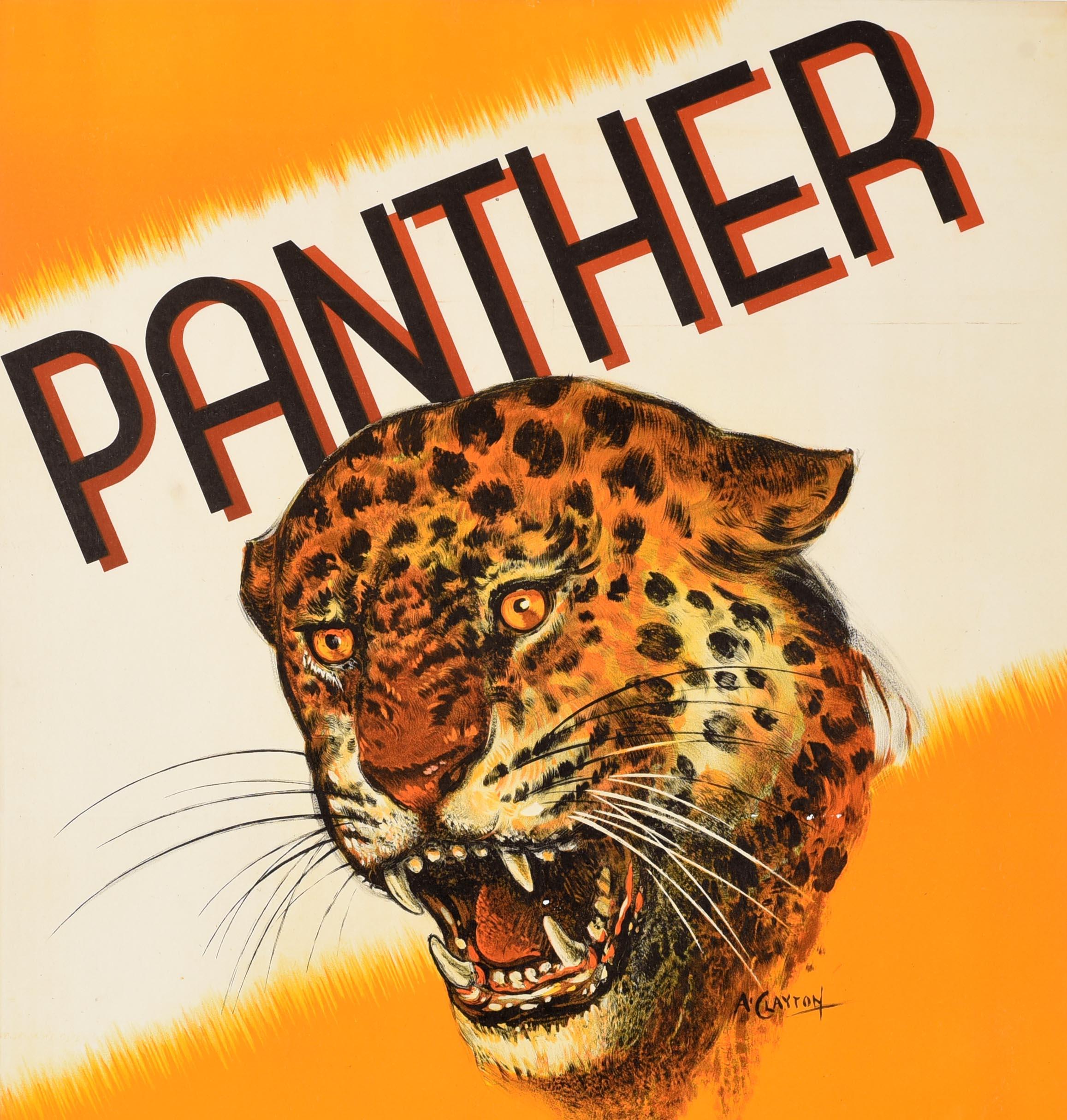 Affiche publicitaire d'origine vintage Panther Motor Cycles Jaguar Motorcycle Art - Orange Print par Al Clayton