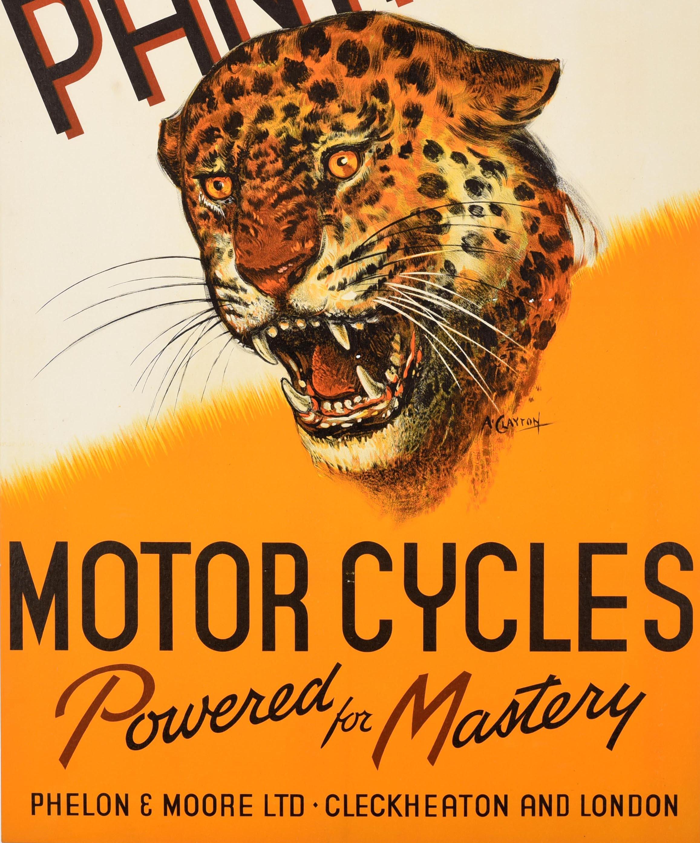 Affiche publicitaire originale vintage pour Panther Motor Cycles Powered for Mastery Phelon & Moore Ltd Cleckheaton and London. Superbe image d'un jaguar montrant ses dents sur un fond jaune et blanc dynamique, le titre en lettres noires et rouge