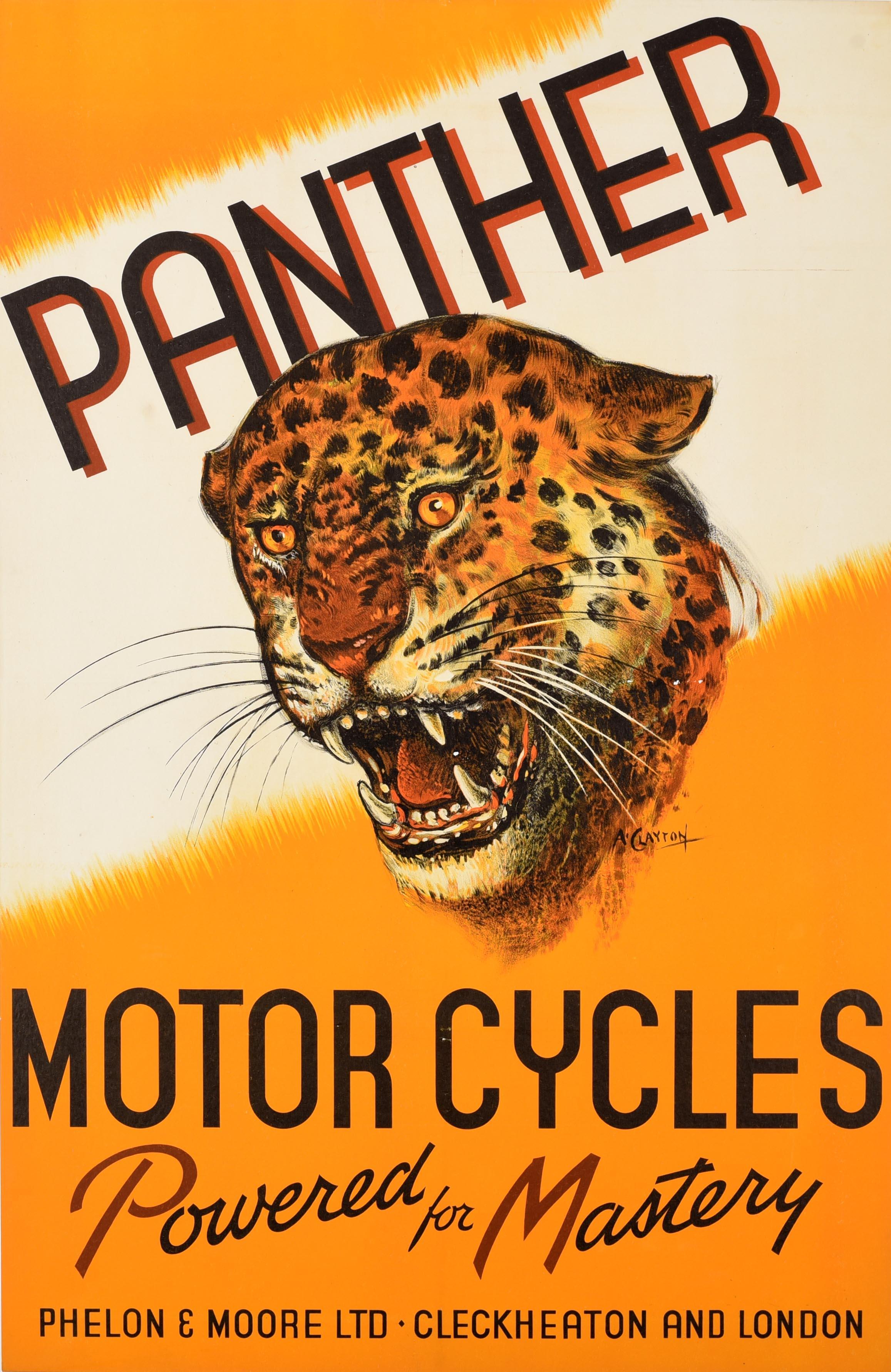 Print Al Clayton - Affiche publicitaire d'origine vintage Panther Motor Cycles Jaguar Motorcycle Art