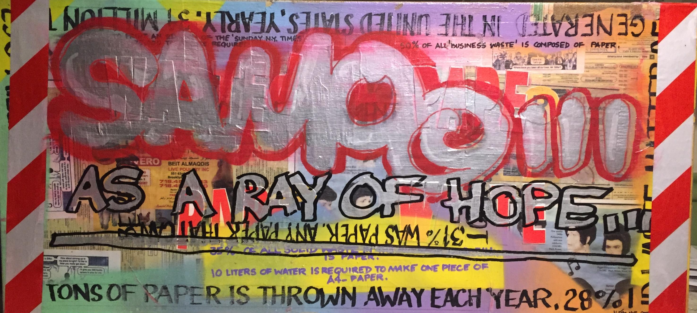 Al Diaz lässt den Namen SAMO© wieder aufleben, den er kreiert hat, als er in den 80er Jahren zusammen mit Jean-Michel Basquiat ein Street-Art-Duo in New York war. In seinem Werk "Wasted Paper" nimmt Diaz Elemente aus Graffiti, Outsider Art,