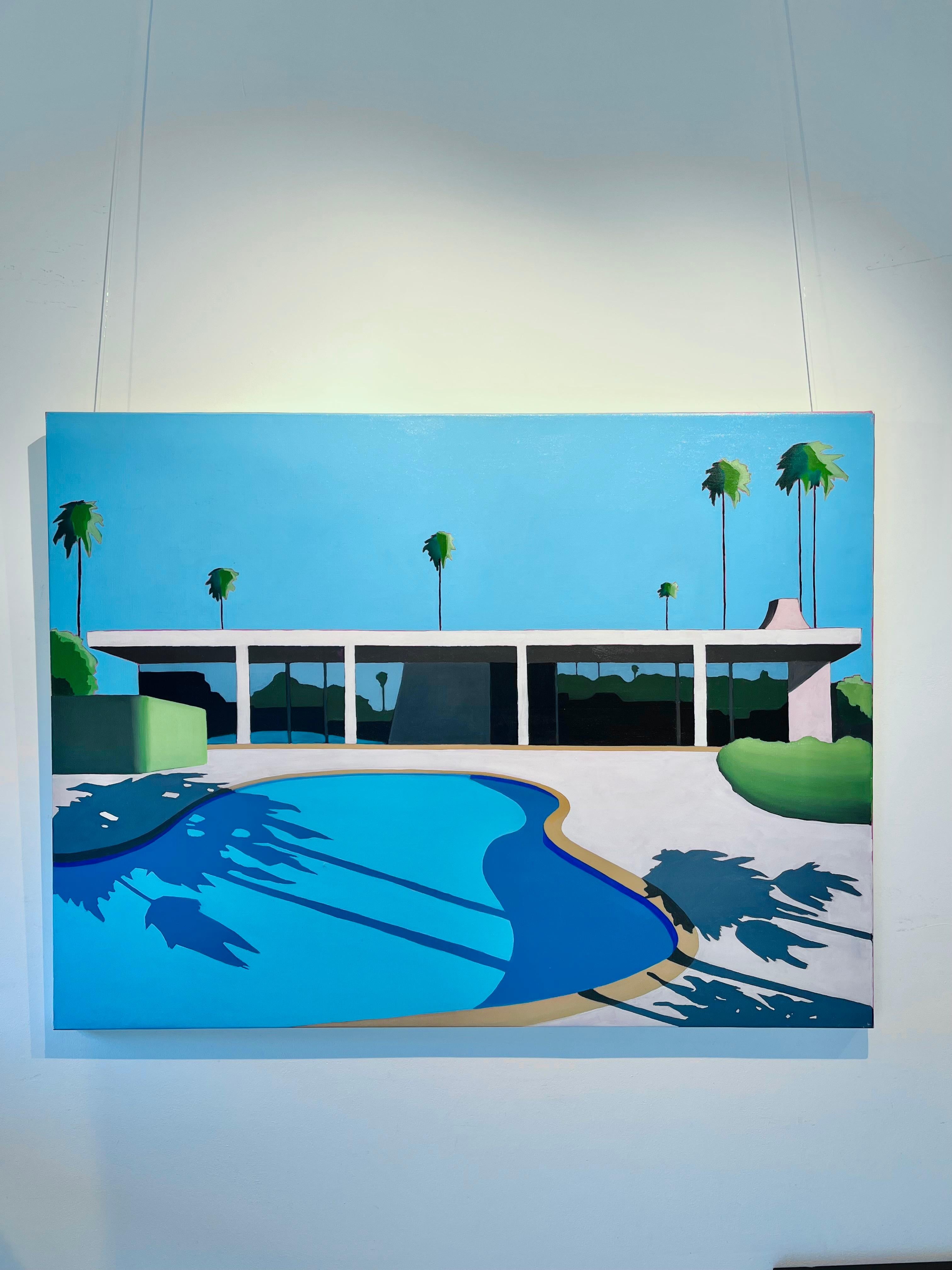 Californian Pool Encompassed by Palm Trees-original realism-minimalism painting - Painting by Al Freno