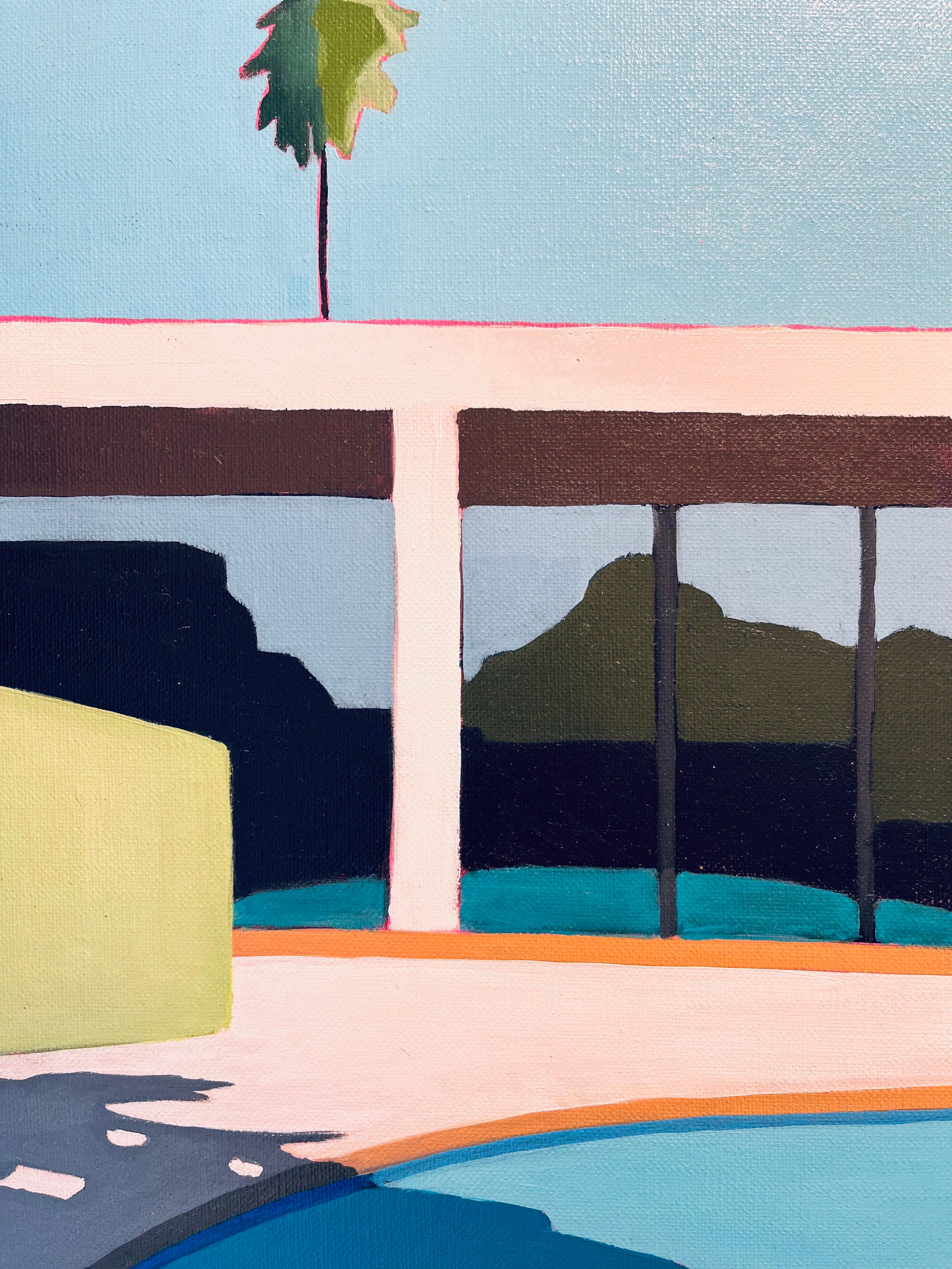 Kalifornischer Pool mit Palm Trees-originalem Realismus und Minimalismus-Gemälde (Minimalistisch), Painting, von Al Freno