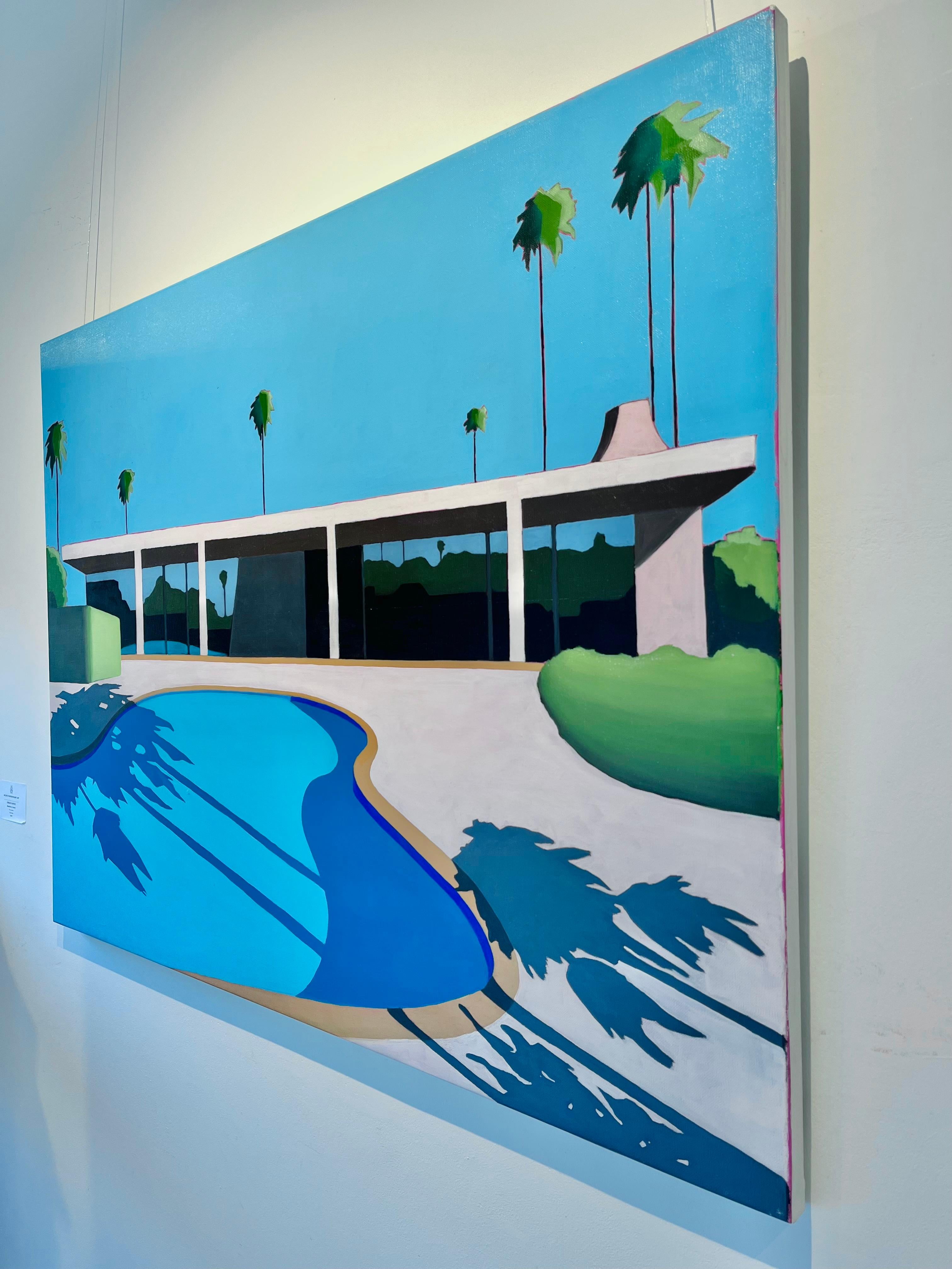 Kalifornischer Pool mit Palm Trees-originalem Realismus und Minimalismus-Gemälde (Blau), Figurative Painting, von Al Freno
