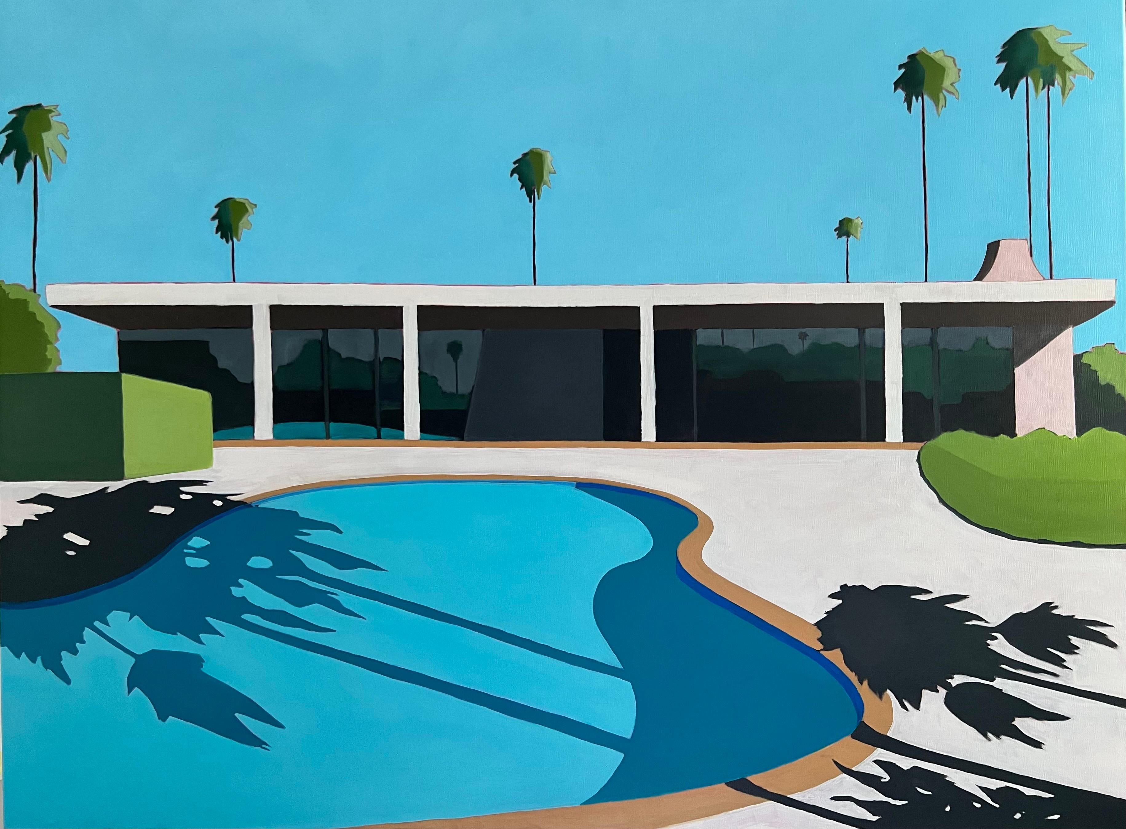 Al Freno Figurative Painting - Californian Pool Encompassed by Palm Trees-original realism-minimalism painting