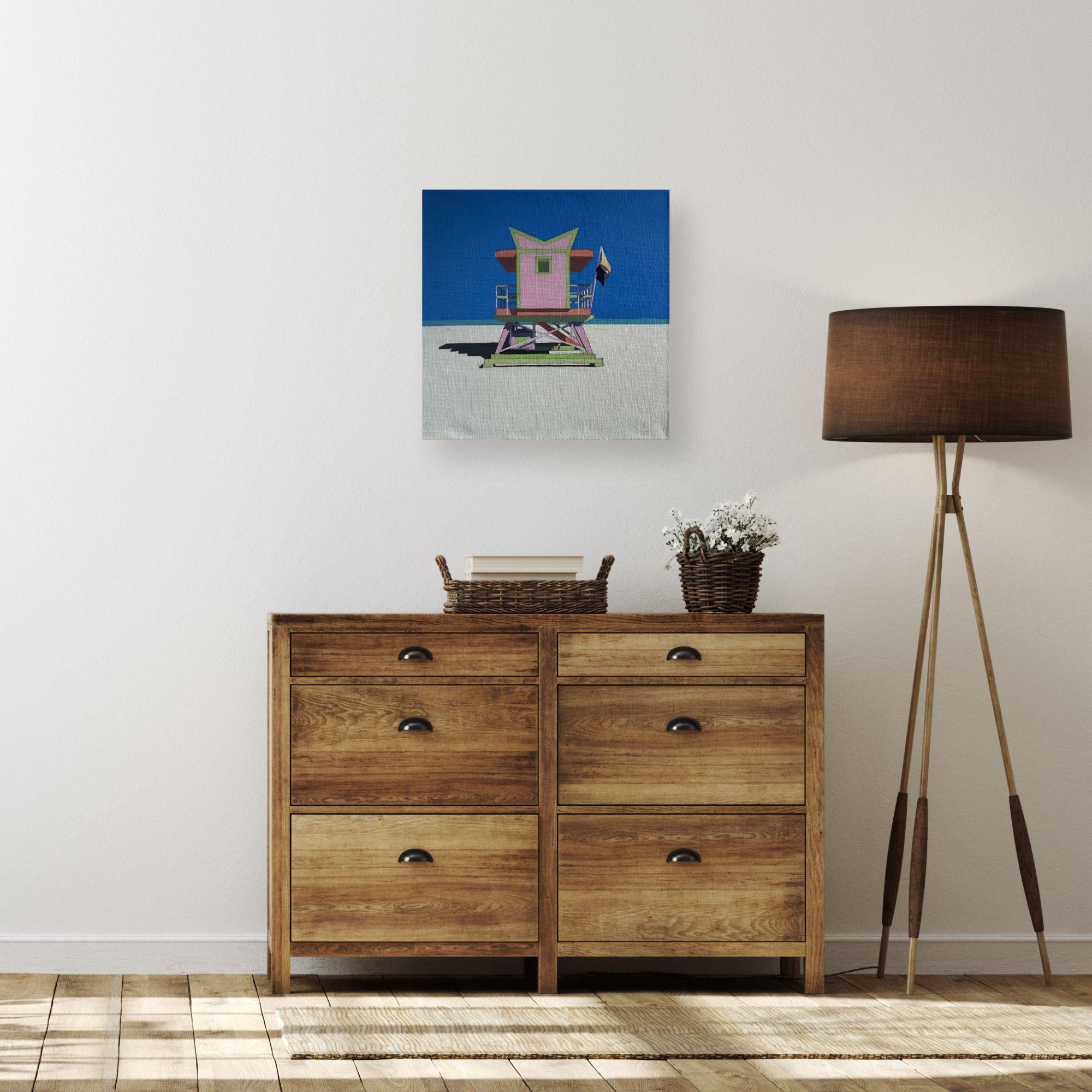 This original painting by Al Freno presents a spacious beach vista involving the figurative impression of a hut. This piece is composed using bold line work, exquisite architectural details  and vivid colours. Its graphical design makes this piece